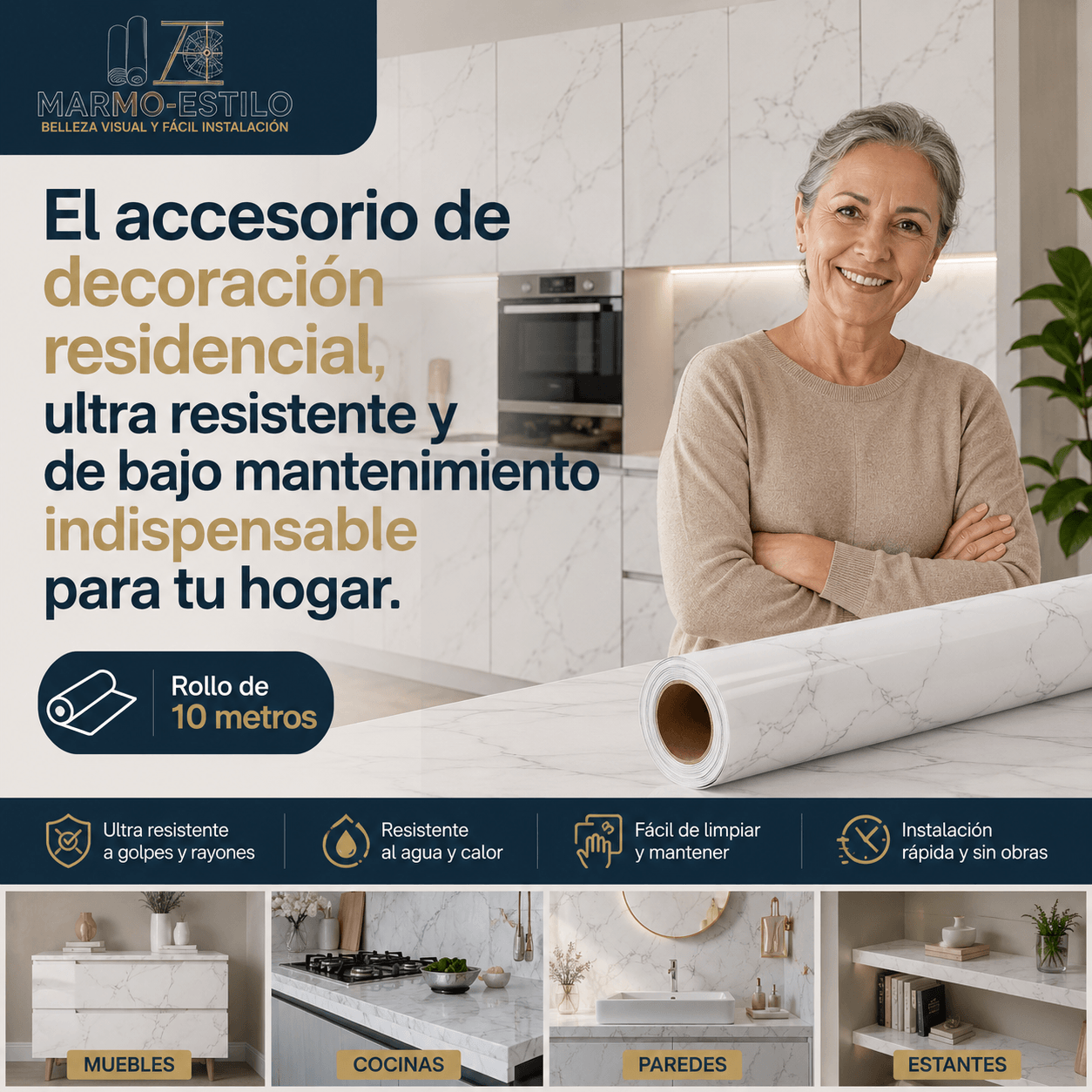 Marmo-Estilo®: El papel vinil autoadhesivo de 10 metros que renueva tus mesones y paredes al instante.