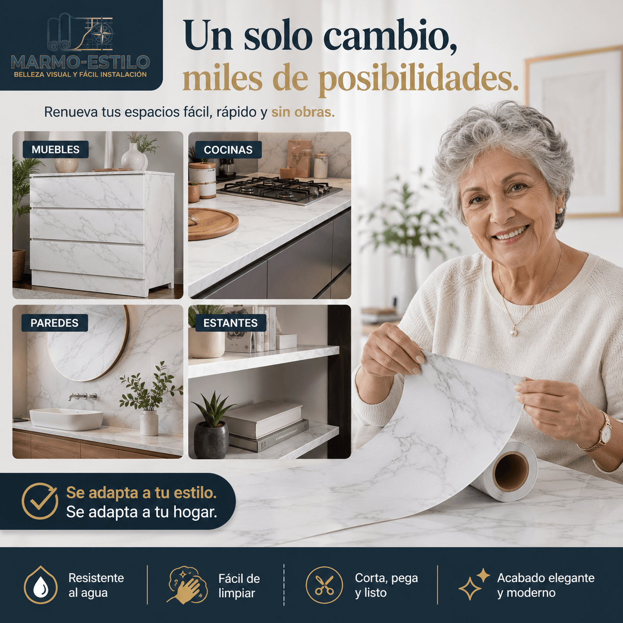 Marmo-Estilo®: El papel vinil autoadhesivo de 10 metros que renueva tus mesones y paredes al instante.