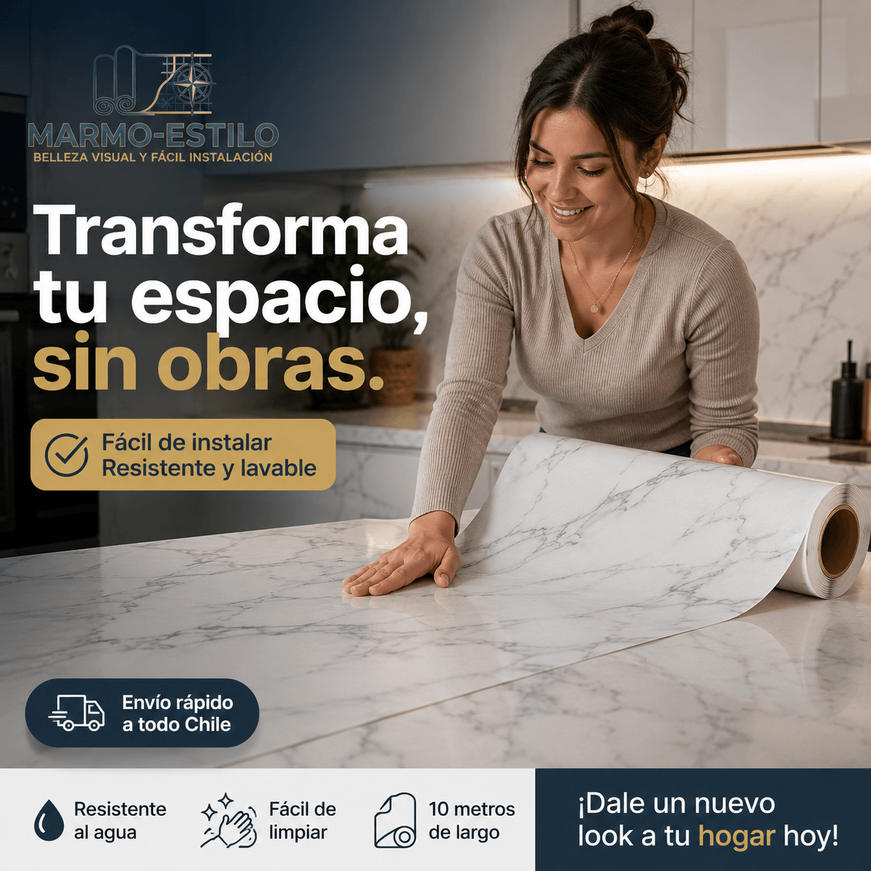 Marmo-Estilo®: El papel vinil autoadhesivo de 10 metros que renueva tus mesones y paredes al instante.