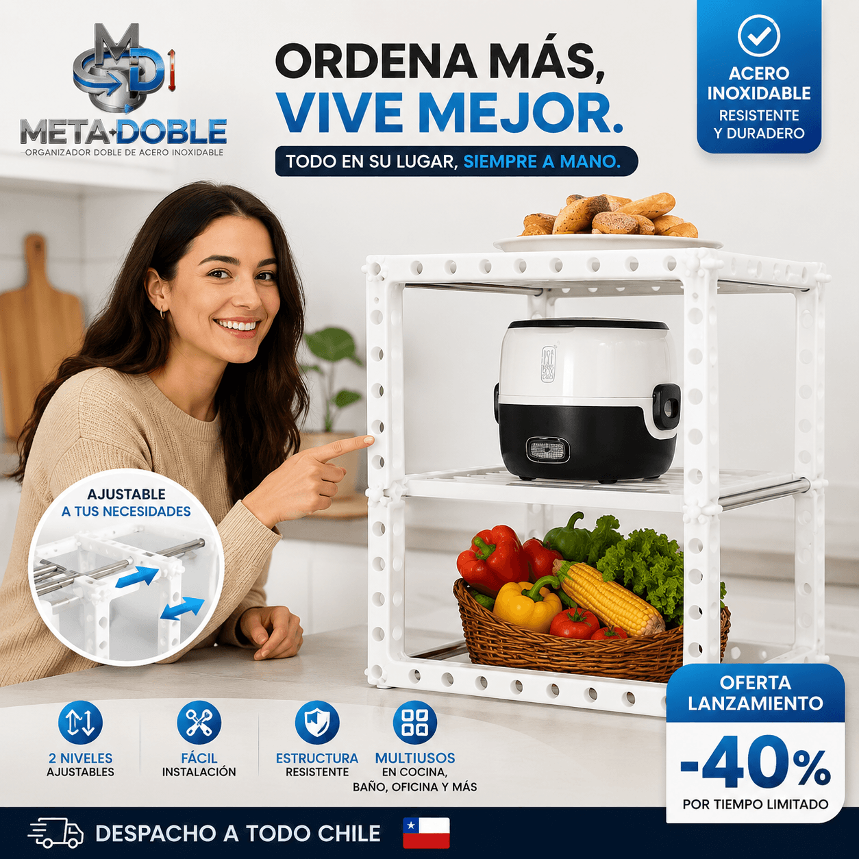 METADOBLE®: El organizador doble de acero inoxidable extensible que duplica el espacio de tus muebles.