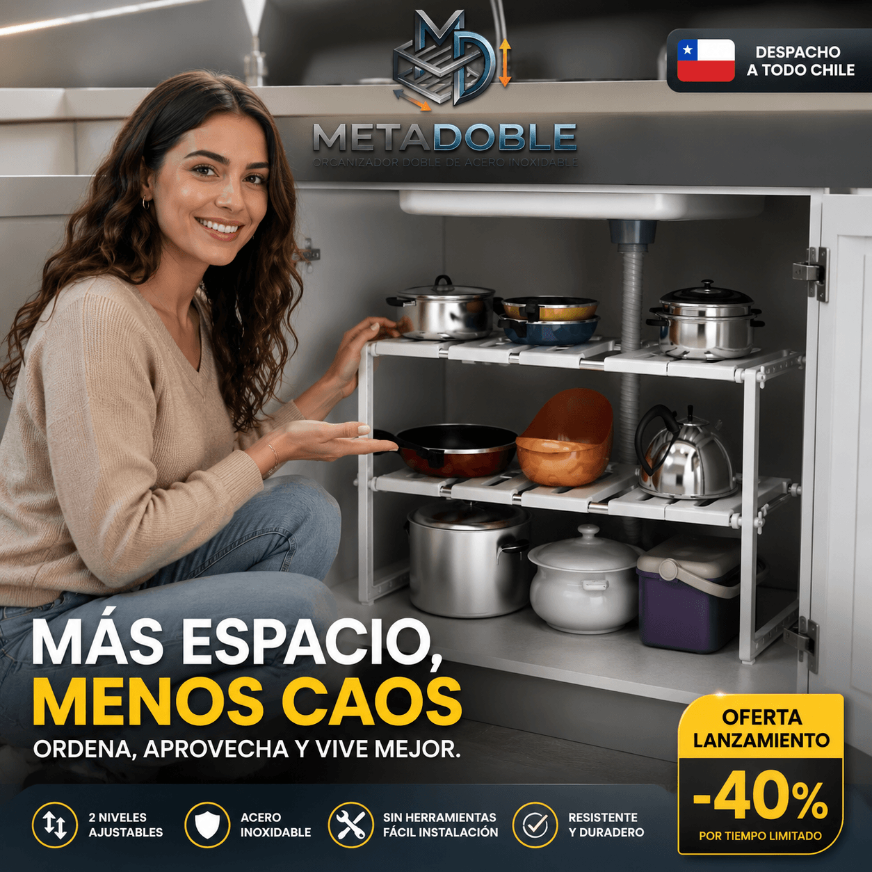 METADOBLE®: El organizador doble de acero inoxidable extensible que duplica el espacio de tus muebles.
