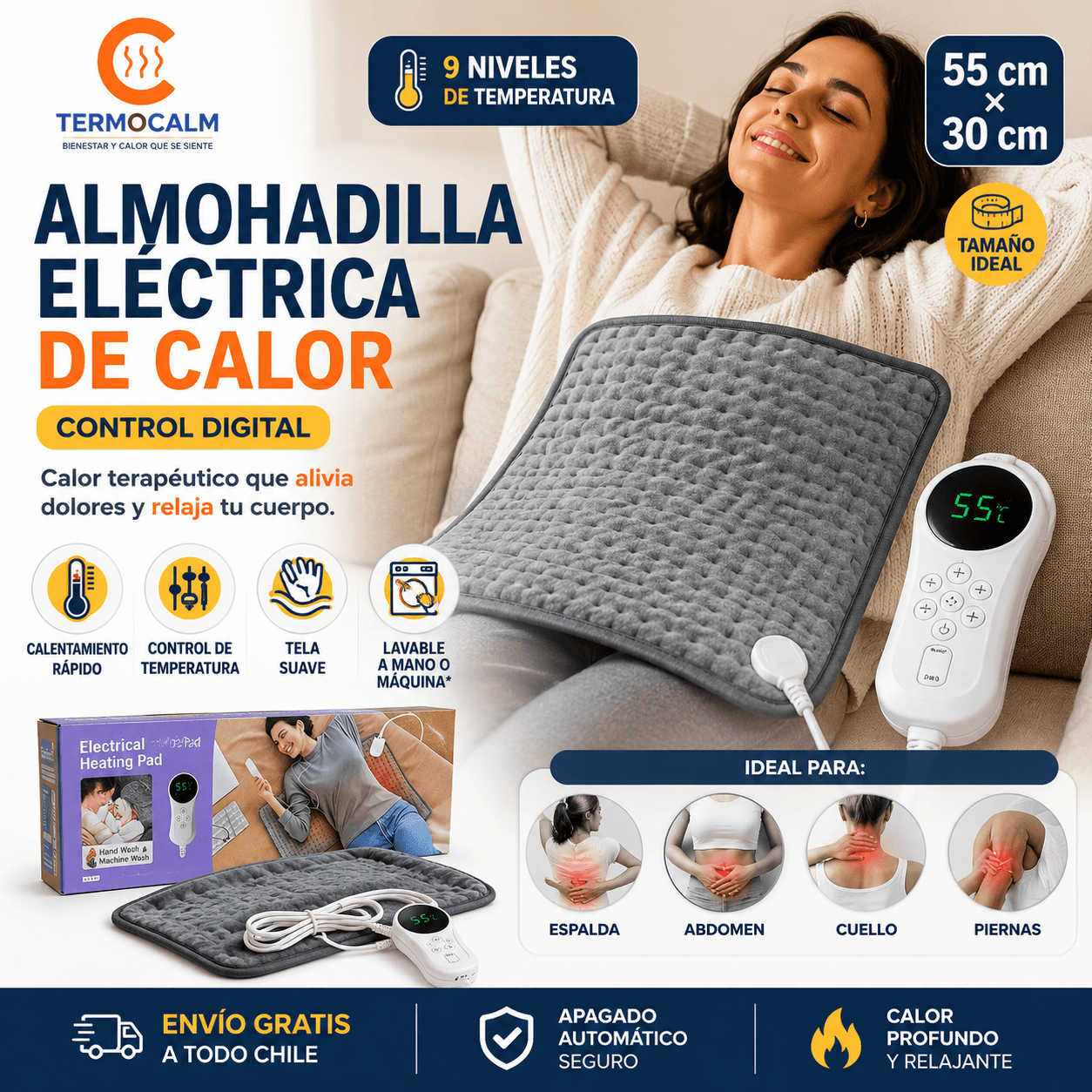 TermoCalm®: La almohadilla eléctrica que entrega un calor reconfortante y uniforme a tu cuerpo.