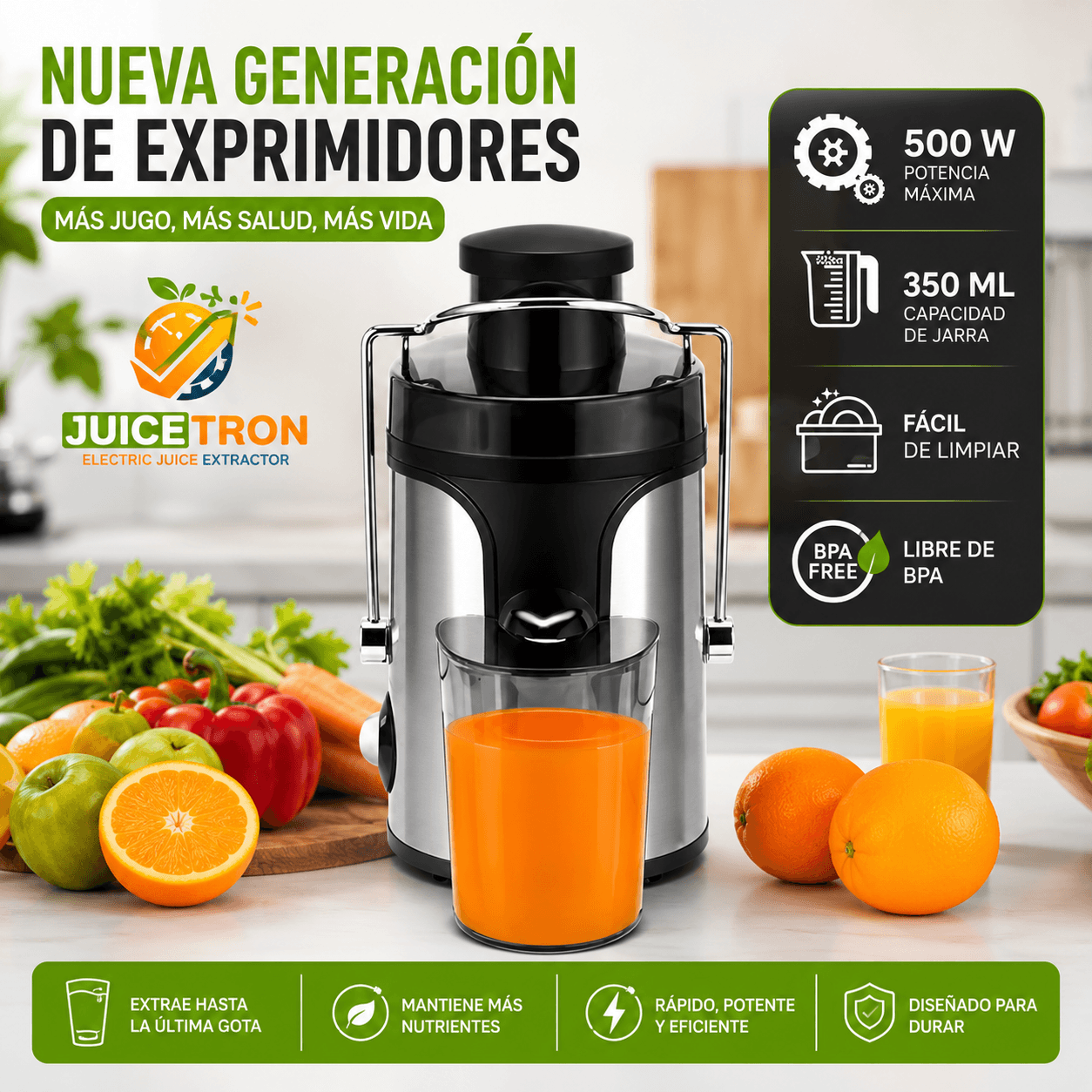 JUICETRON®: El exprimidor eléctrico de 500W que prepara jugos naturales y frescos al instante.