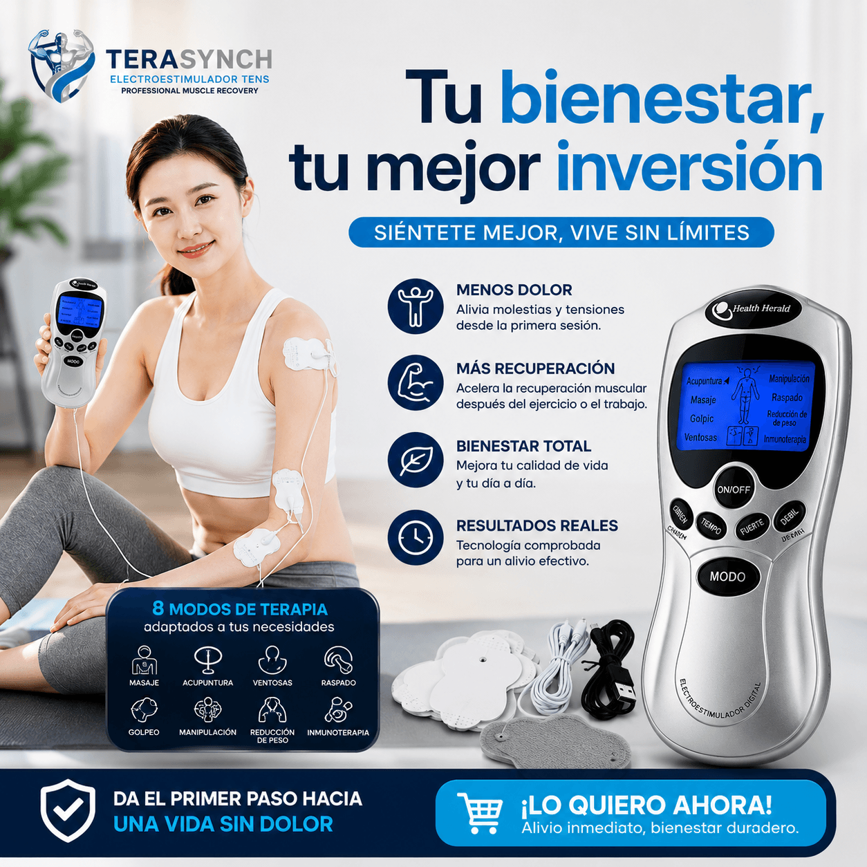 TERASYNCH®: El electroestimulador digital de 4 electrodos que libera la tensión muscular en cualquier lugar.
