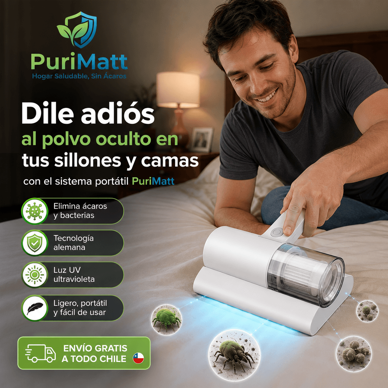 PuriMatt®: La aspiradora portátil que remueve el polvo profundo de tus colchones en minutos.