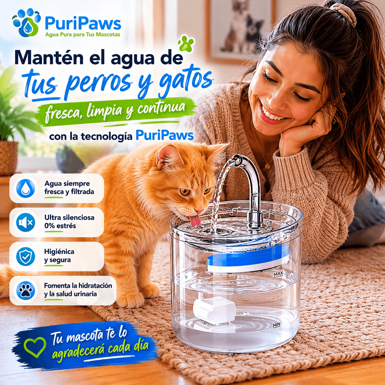 PuriPaws®: El dispensador automático transparente que fomenta la hidratación de tus mascotas.
