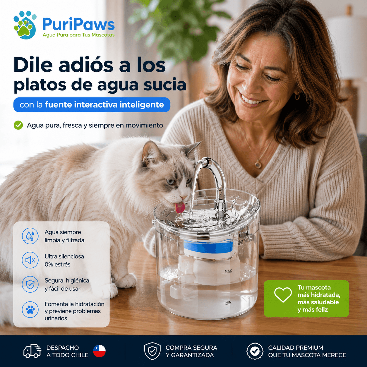 PuriPaws®: El dispensador automático transparente que fomenta la hidratación de tus mascotas.