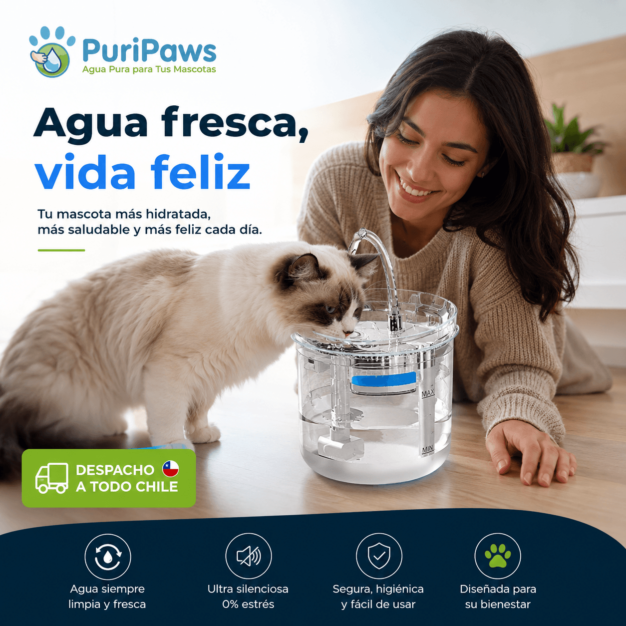 PuriPaws®: El dispensador automático transparente que fomenta la hidratación de tus mascotas.