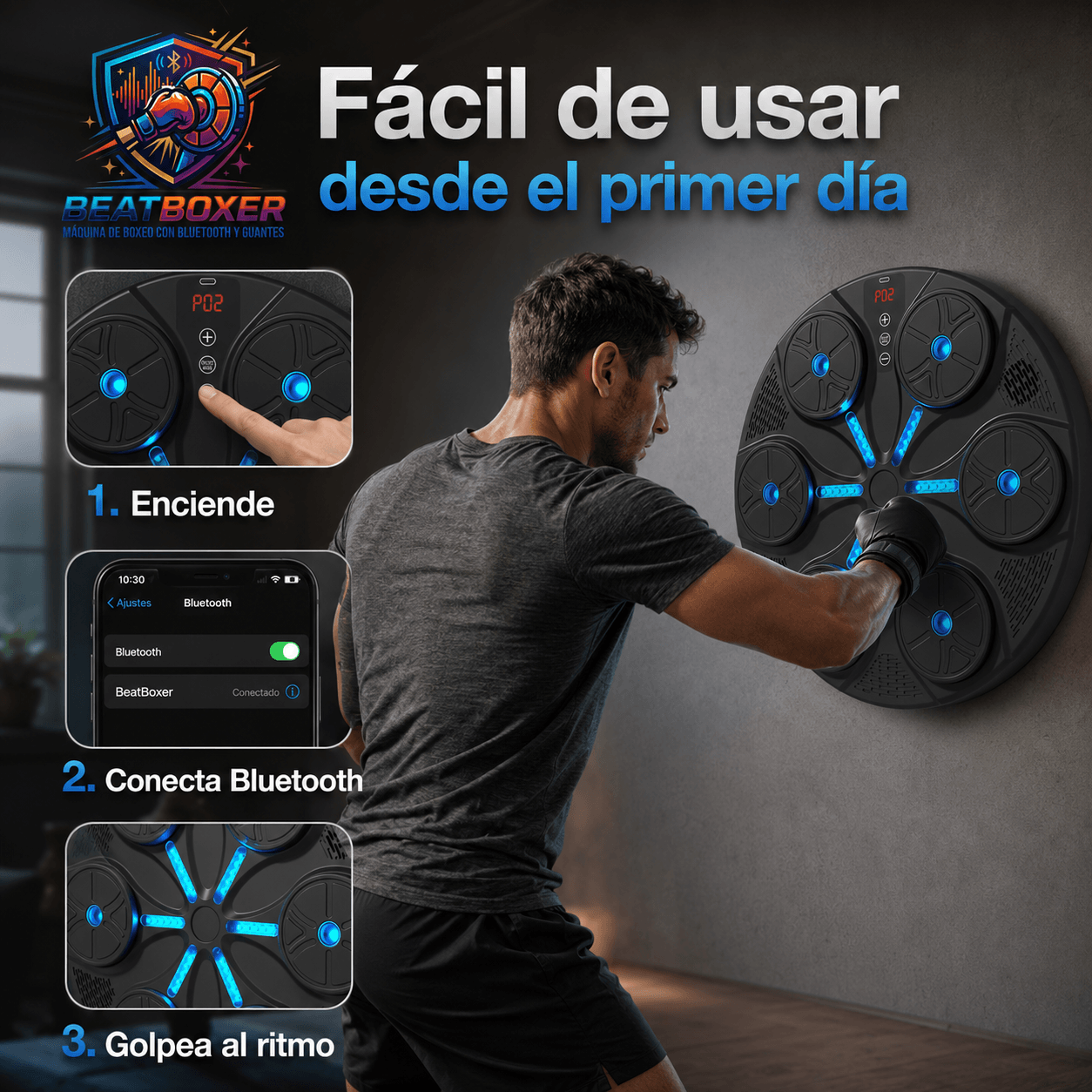 BEATBOXER®: La máquina de boxeo con Bluetooth y luces RGB que transforma tu entrenamiento al instante.