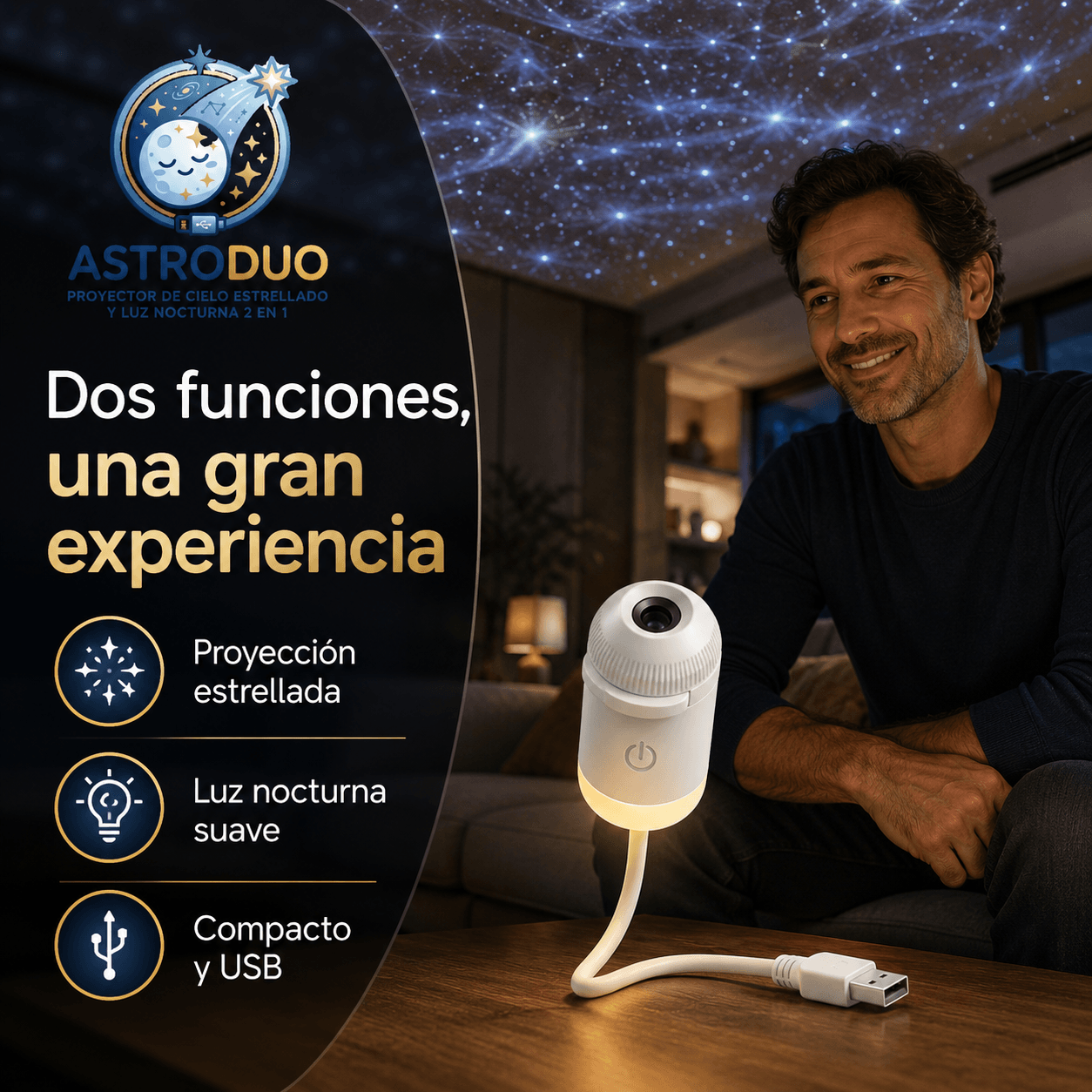 ASTRODUO®: El mini proyector de estrellas 2 en 1 por USB que transforma tu dormitorio al instante.