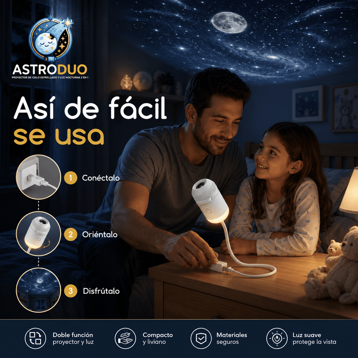 ASTRODUO®: El mini proyector de estrellas 2 en 1 por USB que transforma tu dormitorio al instante.