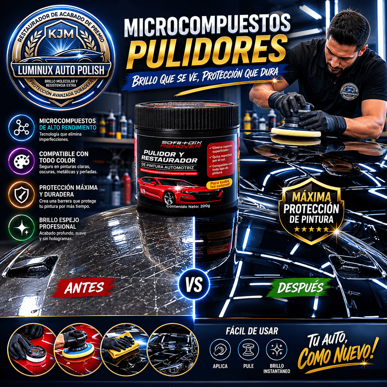 Luminux® Scratch Remover: El restaurador que suaviza los rayones finos y devuelve el brillo a tu auto.