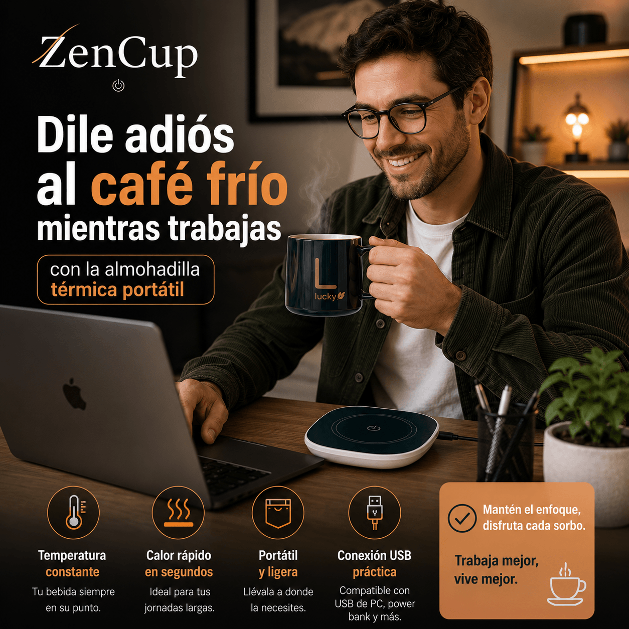 ZENCUP®: El posavasos térmico inteligente que mantiene tus bebidas a 55°C continuos.