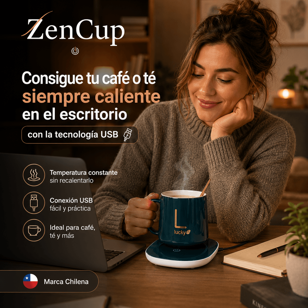 ZENCUP®: El posavasos térmico inteligente que mantiene tus bebidas a 55°C continuos.