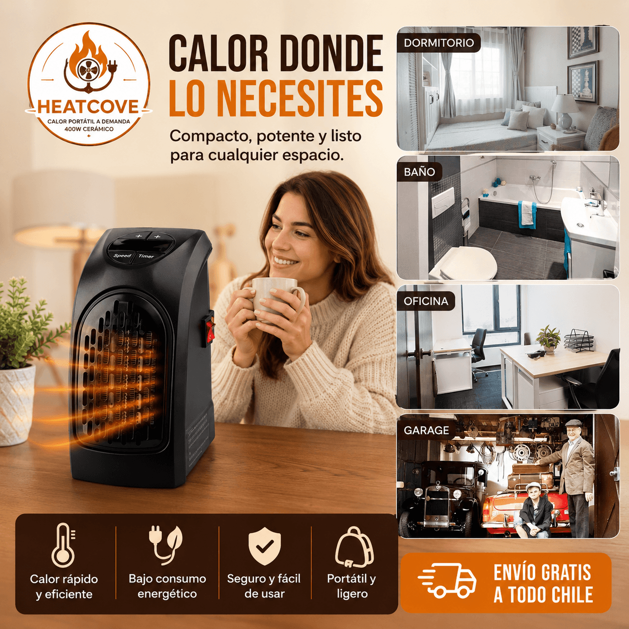 HEATCOVE®: El mini calefactor cerámico de 400W con enchufe directo de pared.