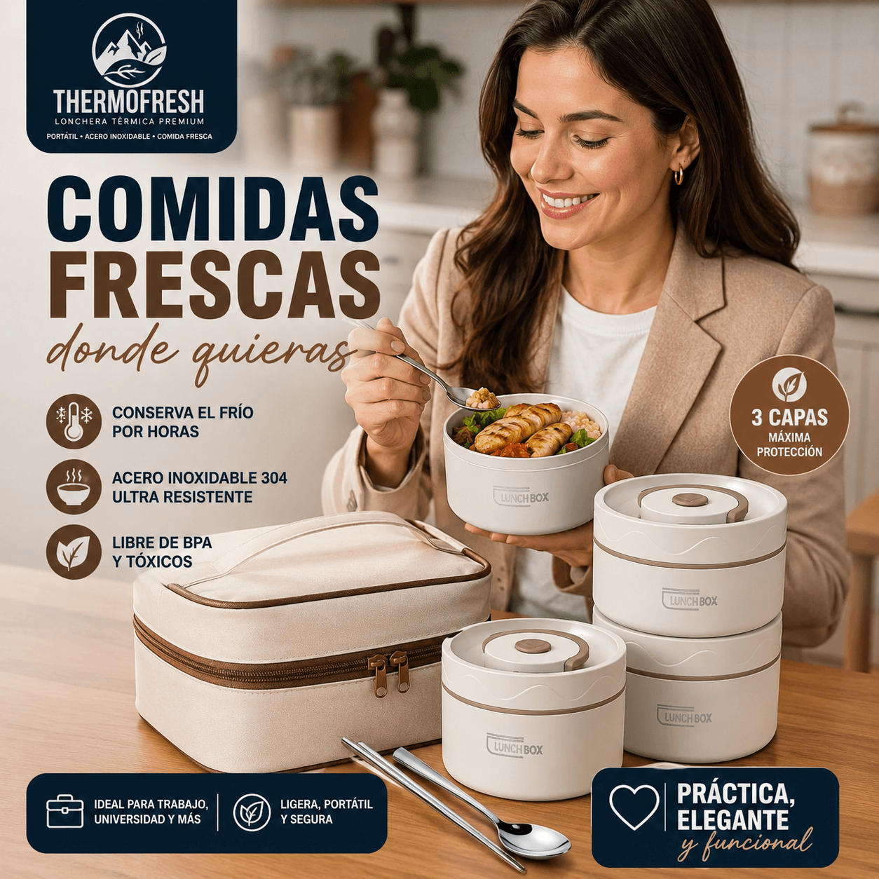 THERMOFRESH®: La lonchera modular de acero inoxidable que mantiene tus comidas frescas en cualquier lugar.