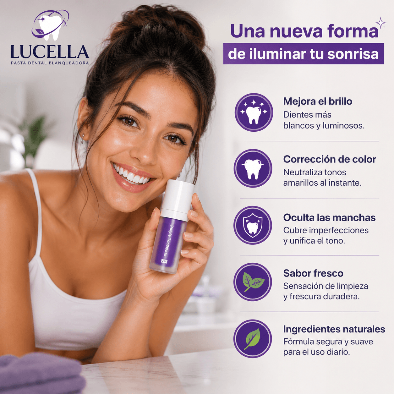 LUCELLA®: La pasta dental purpúrea que neutraliza los tonos amarillos y resalta tu sonrisa al instante.