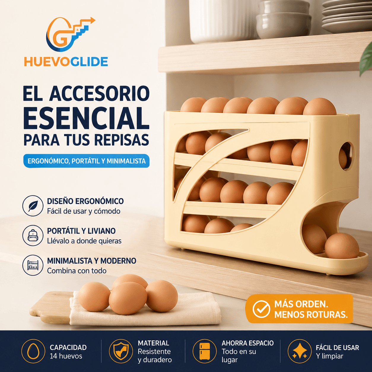 HUEVOGLIDE®: El dispensador vertical de 4 niveles que revoluciona el orden de tu refrigerador.