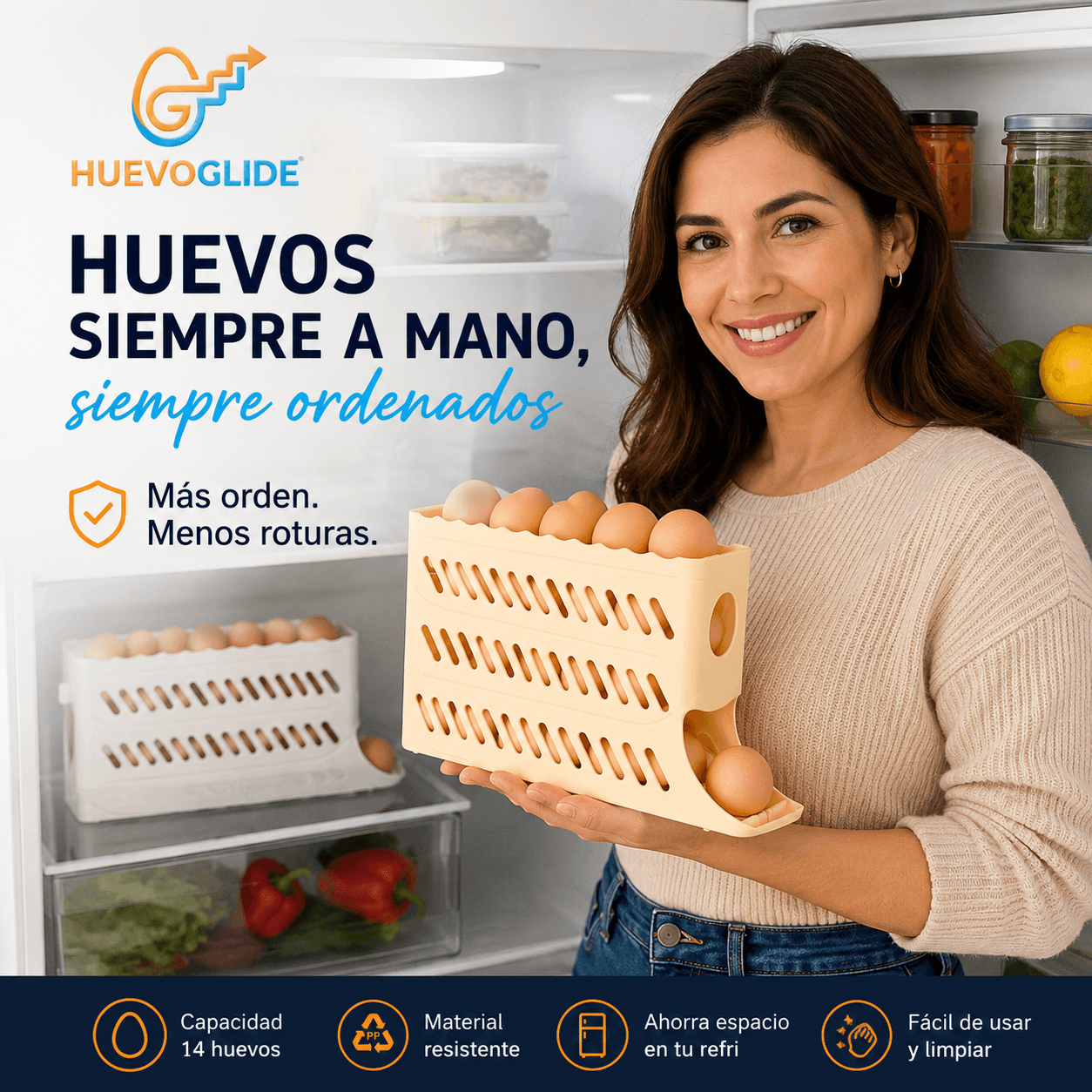 HUEVOGLIDE®: El dispensador vertical de 4 niveles que revoluciona el orden de tu refrigerador.