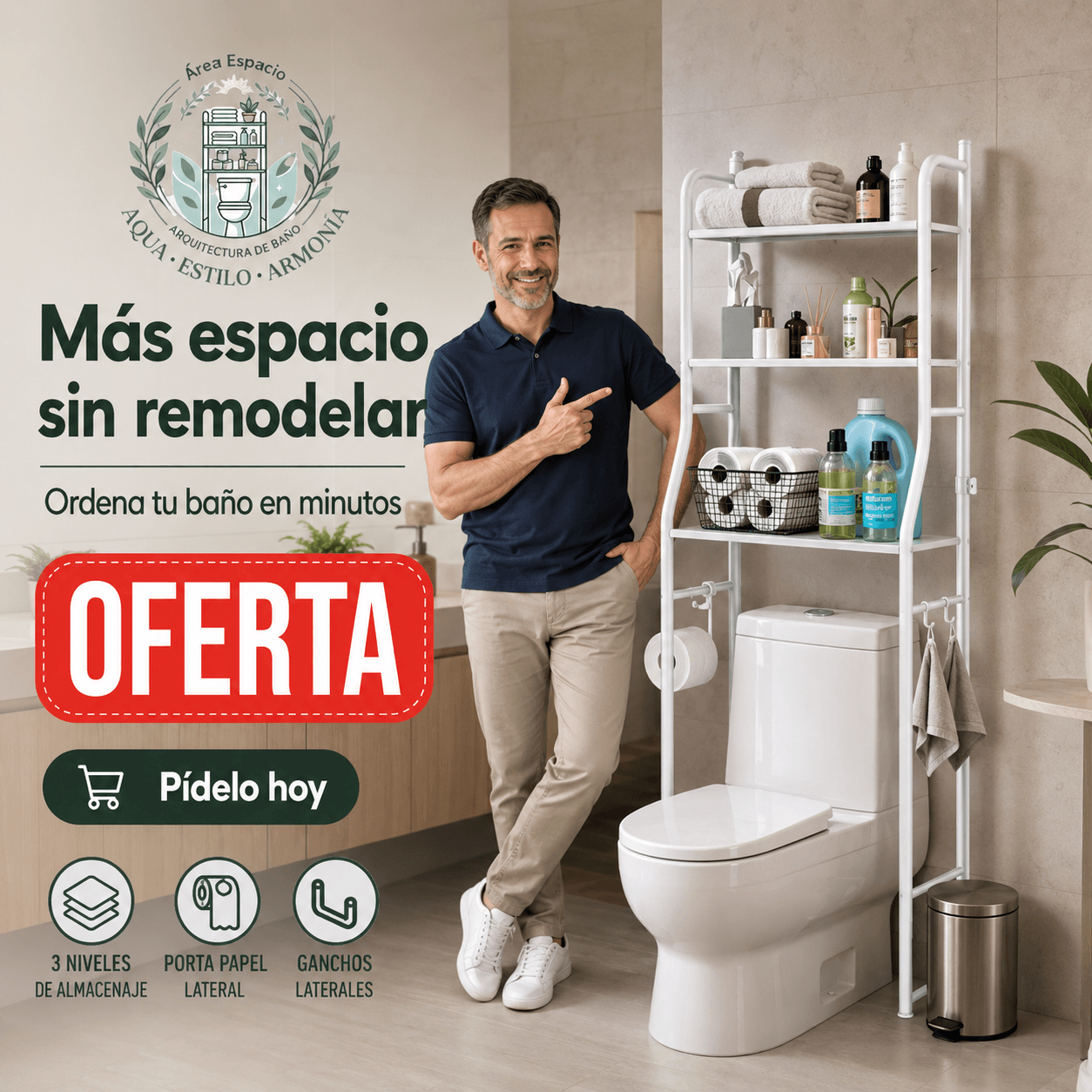 AQUA®: La estantería organizadora de 3 niveles que multiplica el espacio de tu baño al instante.