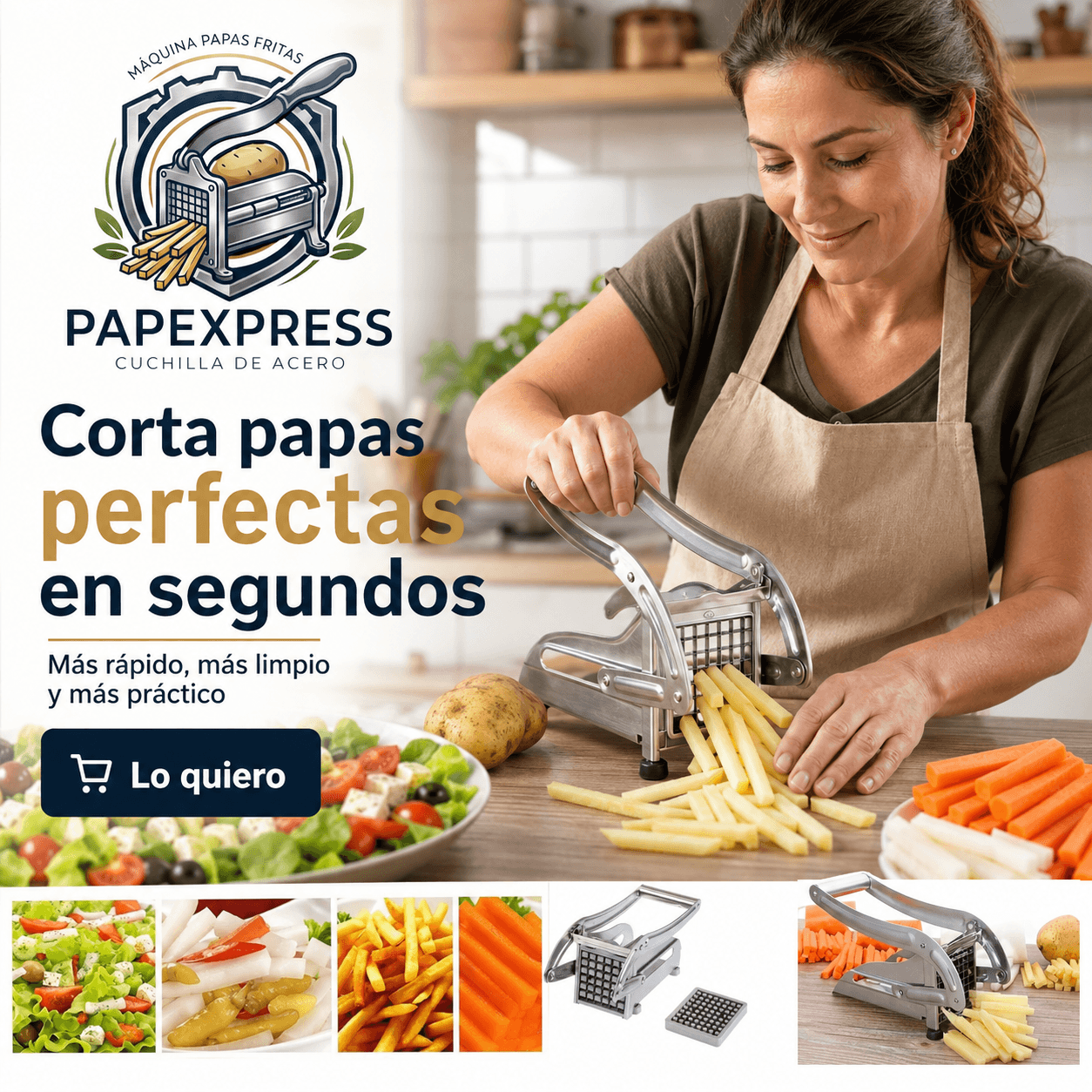 PAPEXPRESS®: El cortador de papas manual en acero inoxidable que pica bastones perfectos al instante.