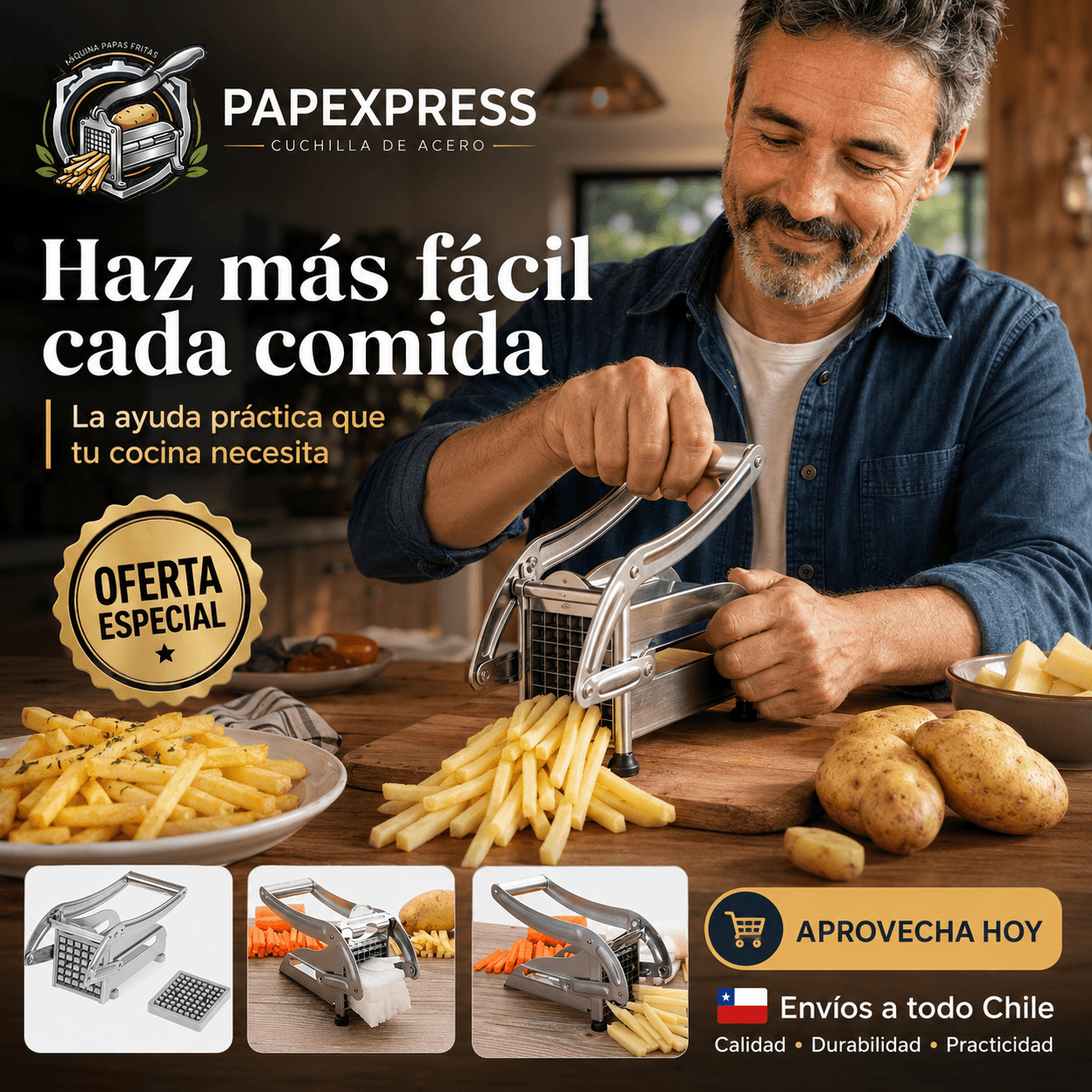 PAPEXPRESS®: El cortador de papas manual en acero inoxidable que pica bastones perfectos al instante.
