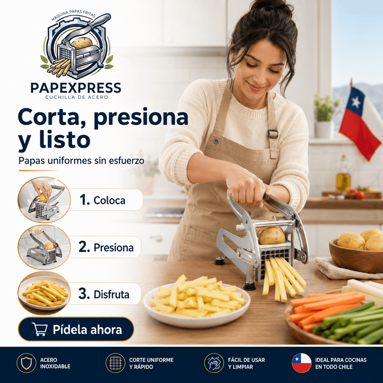 PAPEXPRESS®: El cortador de papas manual en acero inoxidable que pica bastones perfectos al instante.