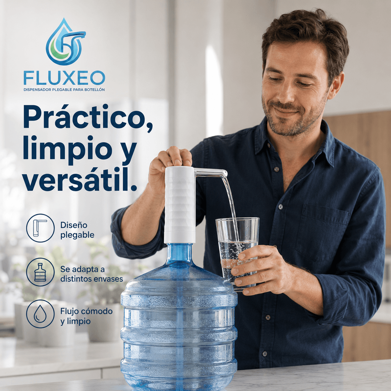 FLUXEO®: El dispensador plegable eléctrico para botellón que sirve tu agua al instante.