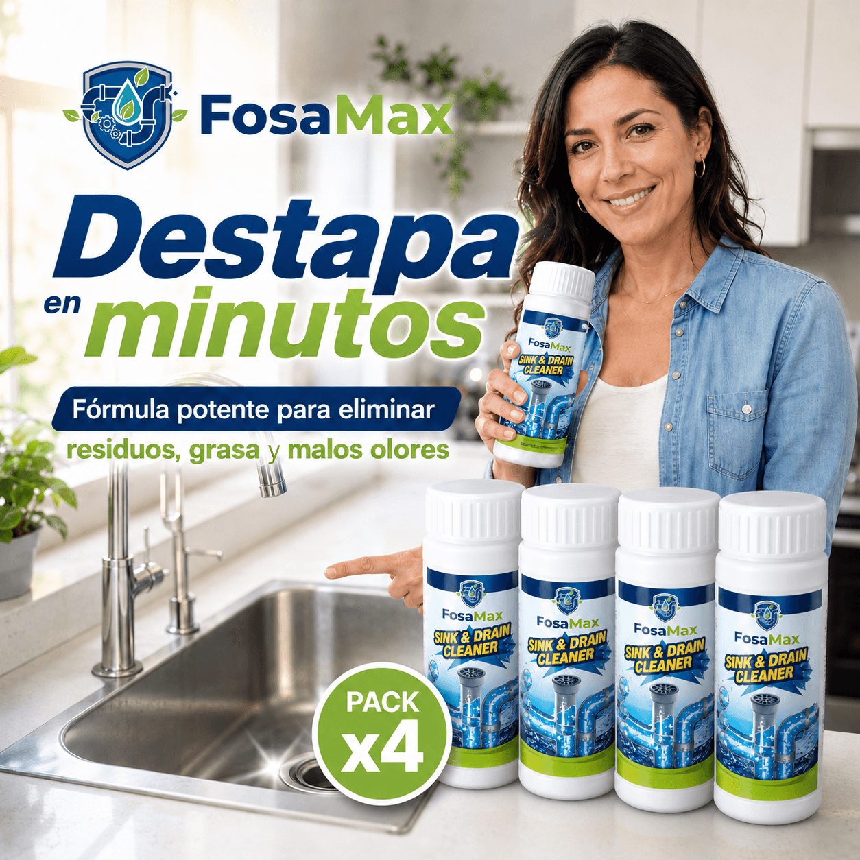 FOSAMAX®: El polvo limpiador de drenajes que disuelve obstrucciones orgánicas al instante.