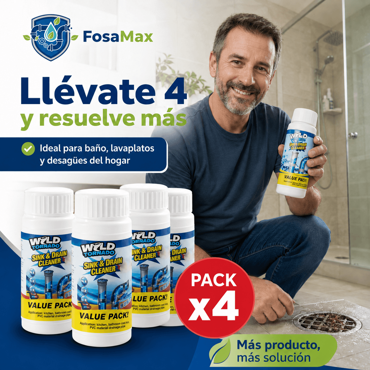 FOSAMAX®: El polvo limpiador de drenajes que disuelve obstrucciones orgánicas al instante.