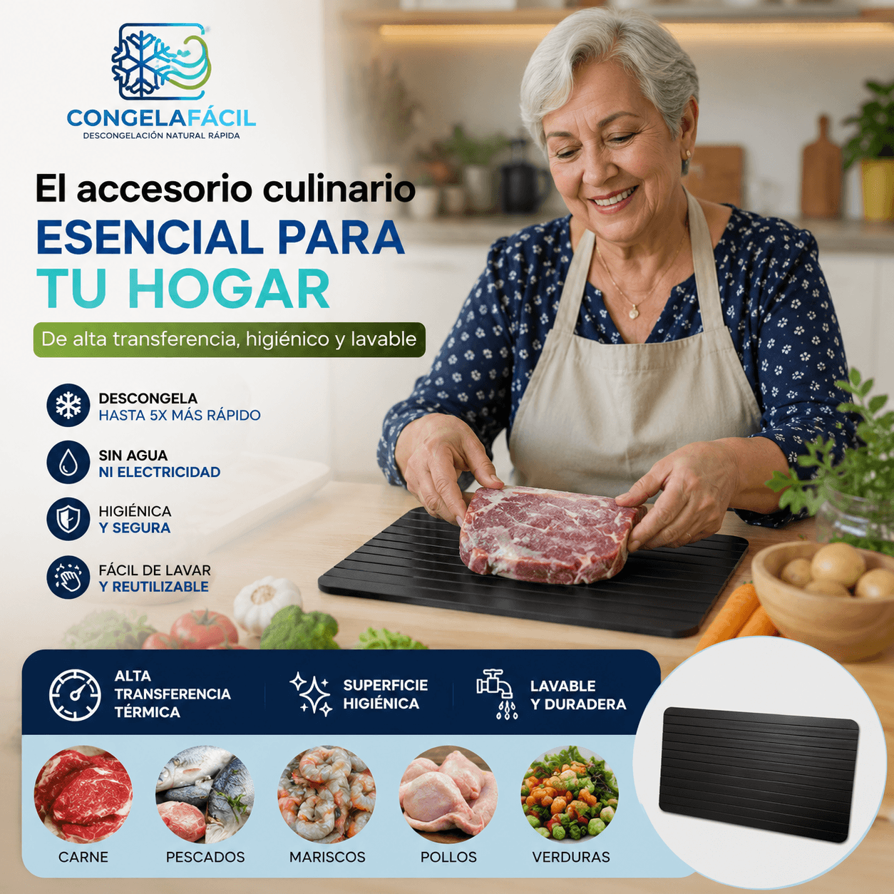 CONGELAFACIL®: La bandeja térmica que descongela tus carnes de forma natural y 5 veces más rápido.