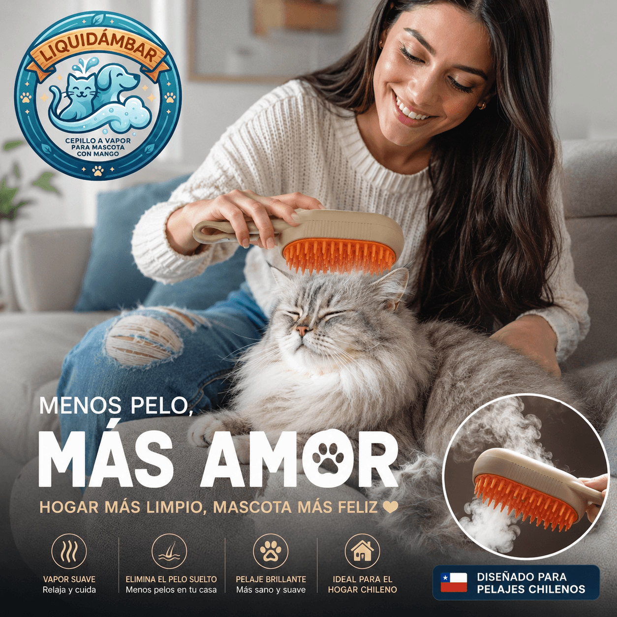 LIQUIDAMBAR®: El cepillo a vapor que atrapa el pelo de tus mascotas al instante y sin estática.