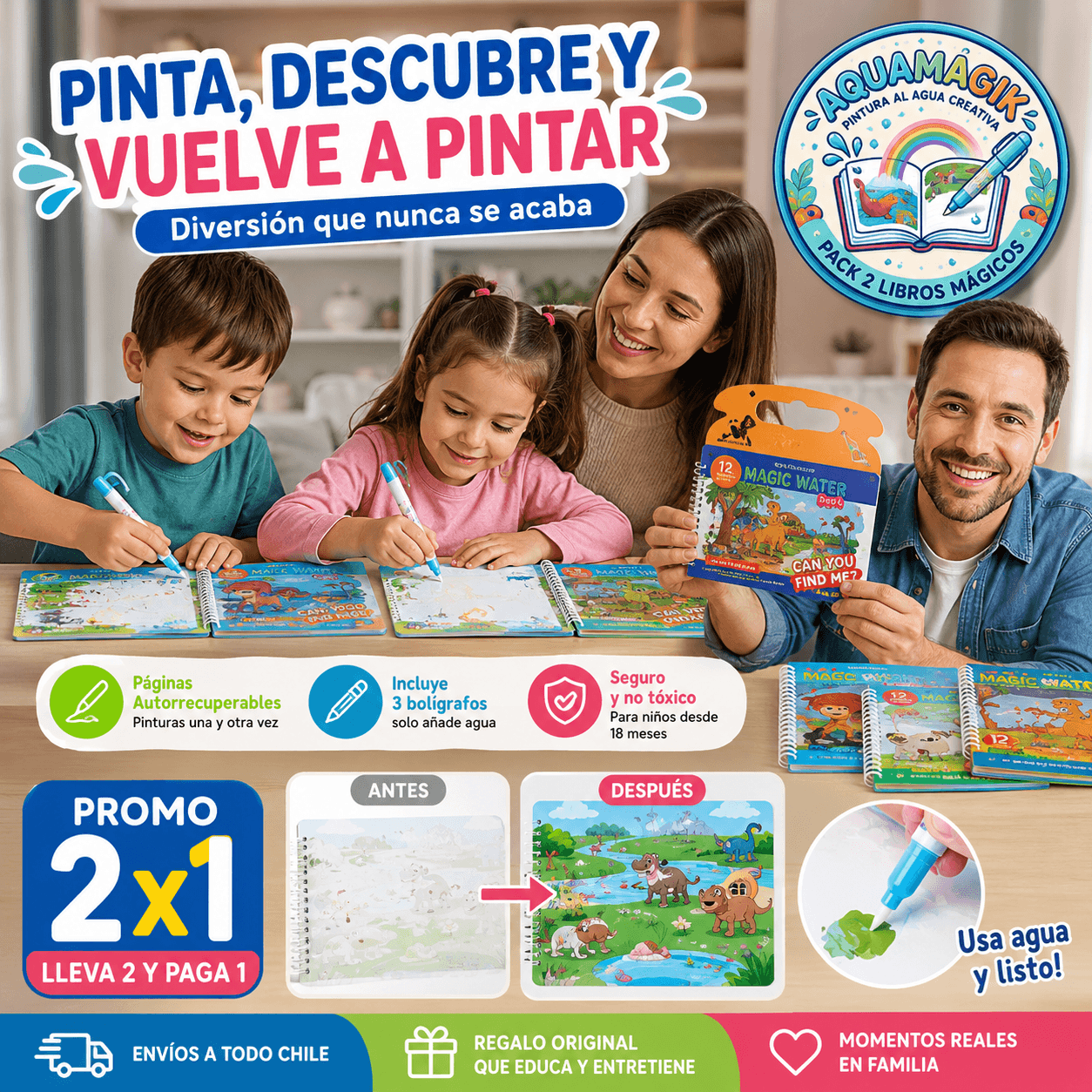 AQUAMAGIK®: El pack de libros mágicos que revela colores usando solo agua y cero manchas.  2x1