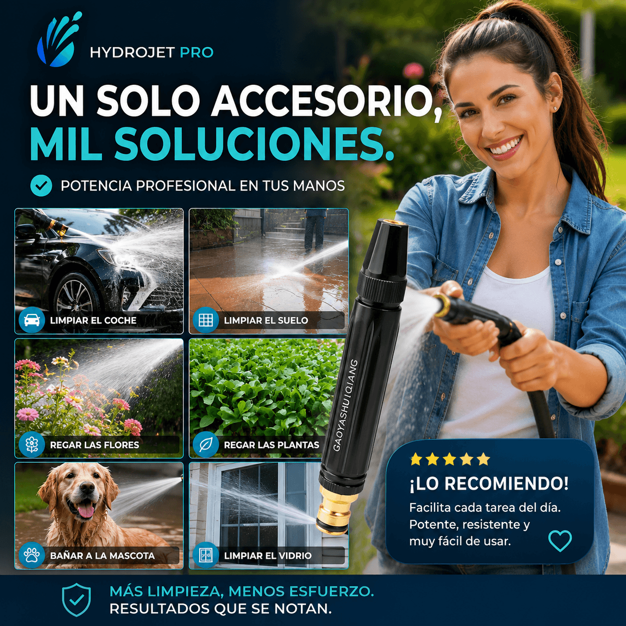 HYDROJET PRO®: La boquilla pulverizadora premium que multiplica la presión de tu manguera.