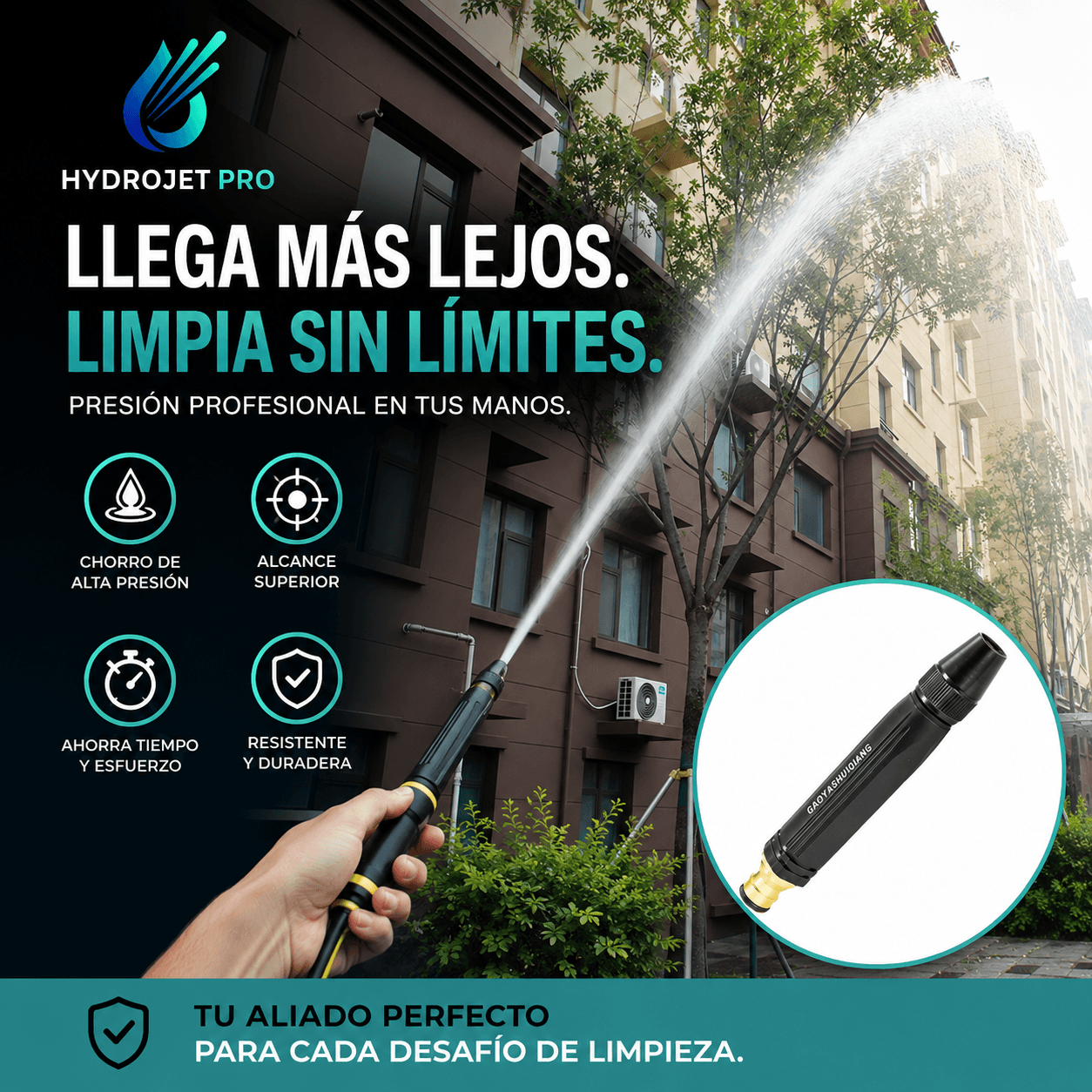 HYDROJET PRO®: La boquilla pulverizadora premium que multiplica la presión de tu manguera.