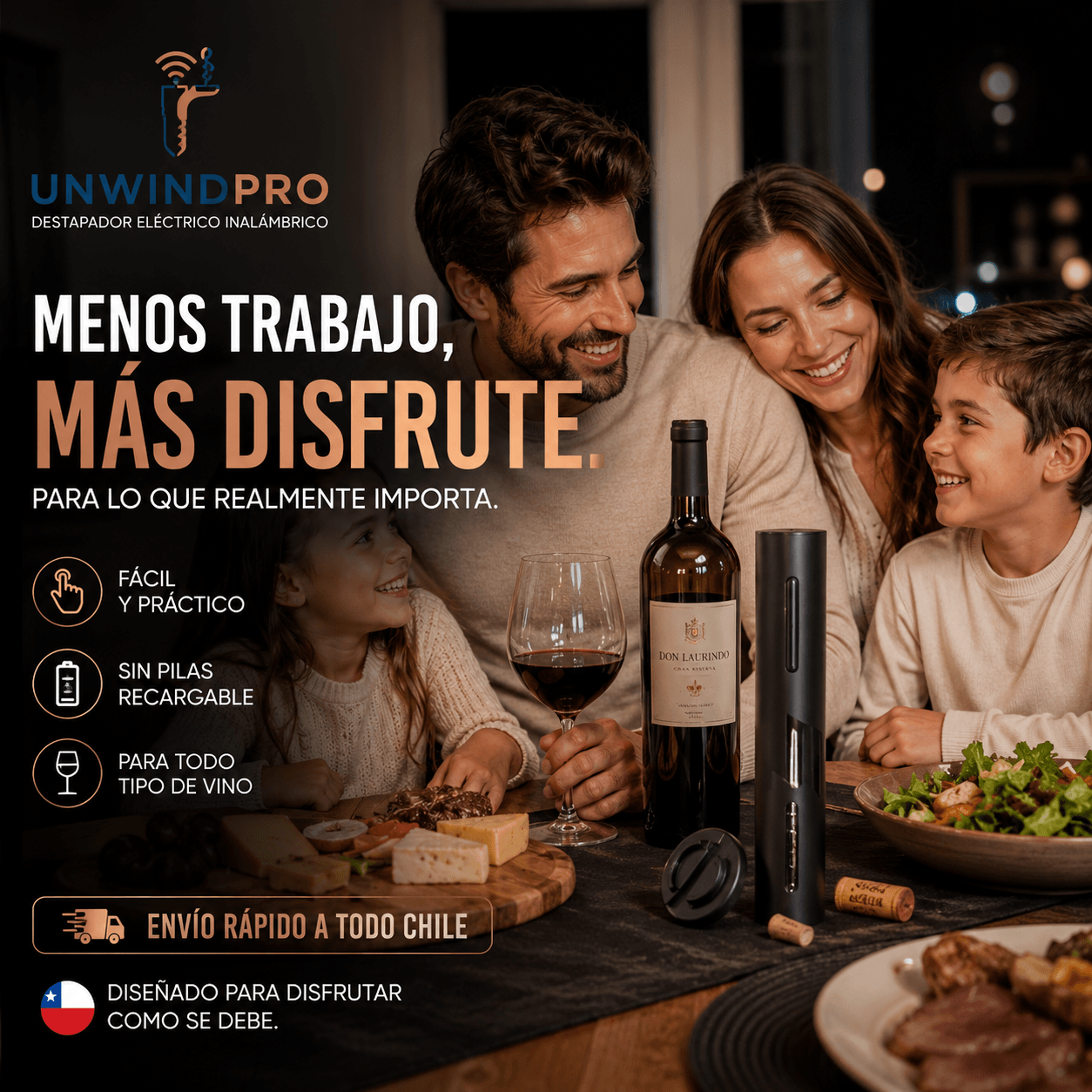 UNWINDPRO®: El sacacorchos eléctrico inalámbrico que abre tus botellas de vino sin esfuerzo.