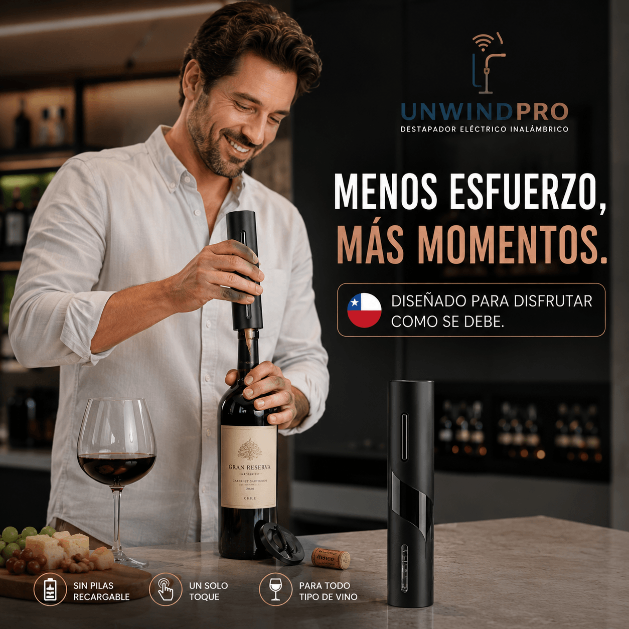 UNWINDPRO®: El sacacorchos eléctrico inalámbrico que abre tus botellas de vino sin esfuerzo.