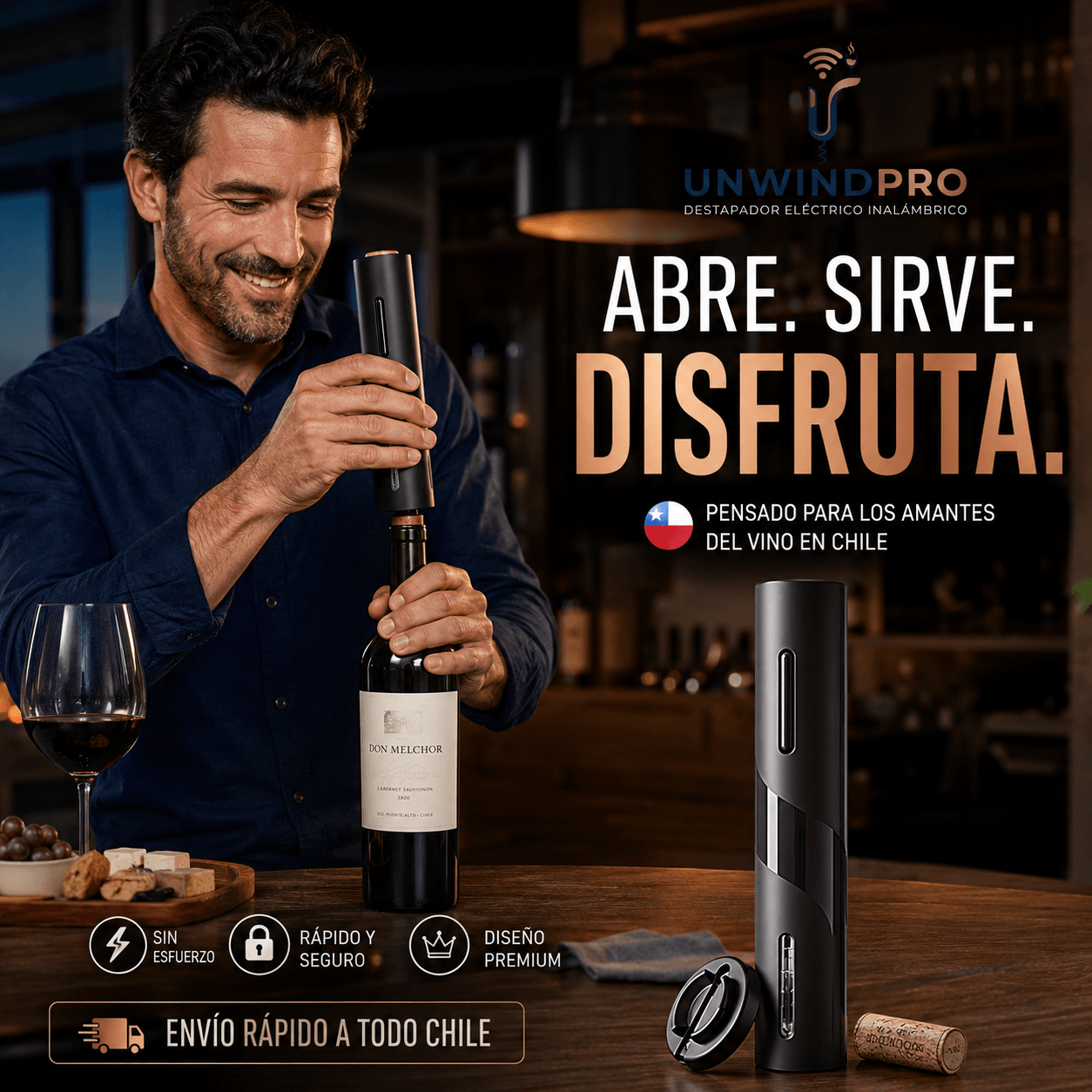 UNWINDPRO®: El sacacorchos eléctrico inalámbrico que abre tus botellas de vino sin esfuerzo.