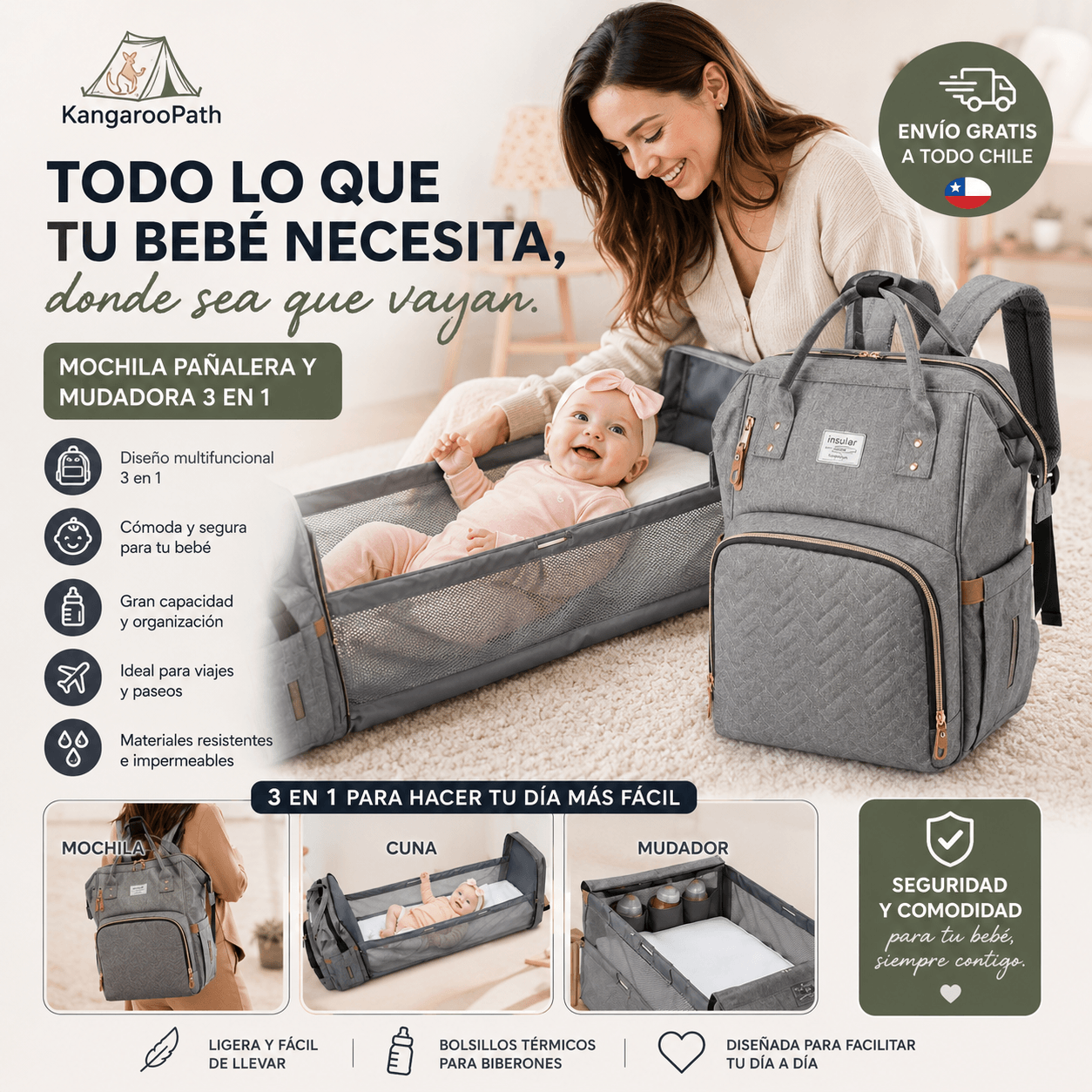 KANGAROOPATH®: La mochila pañalera 2 en 1 que combina organización inteligente y cambiador portátil.