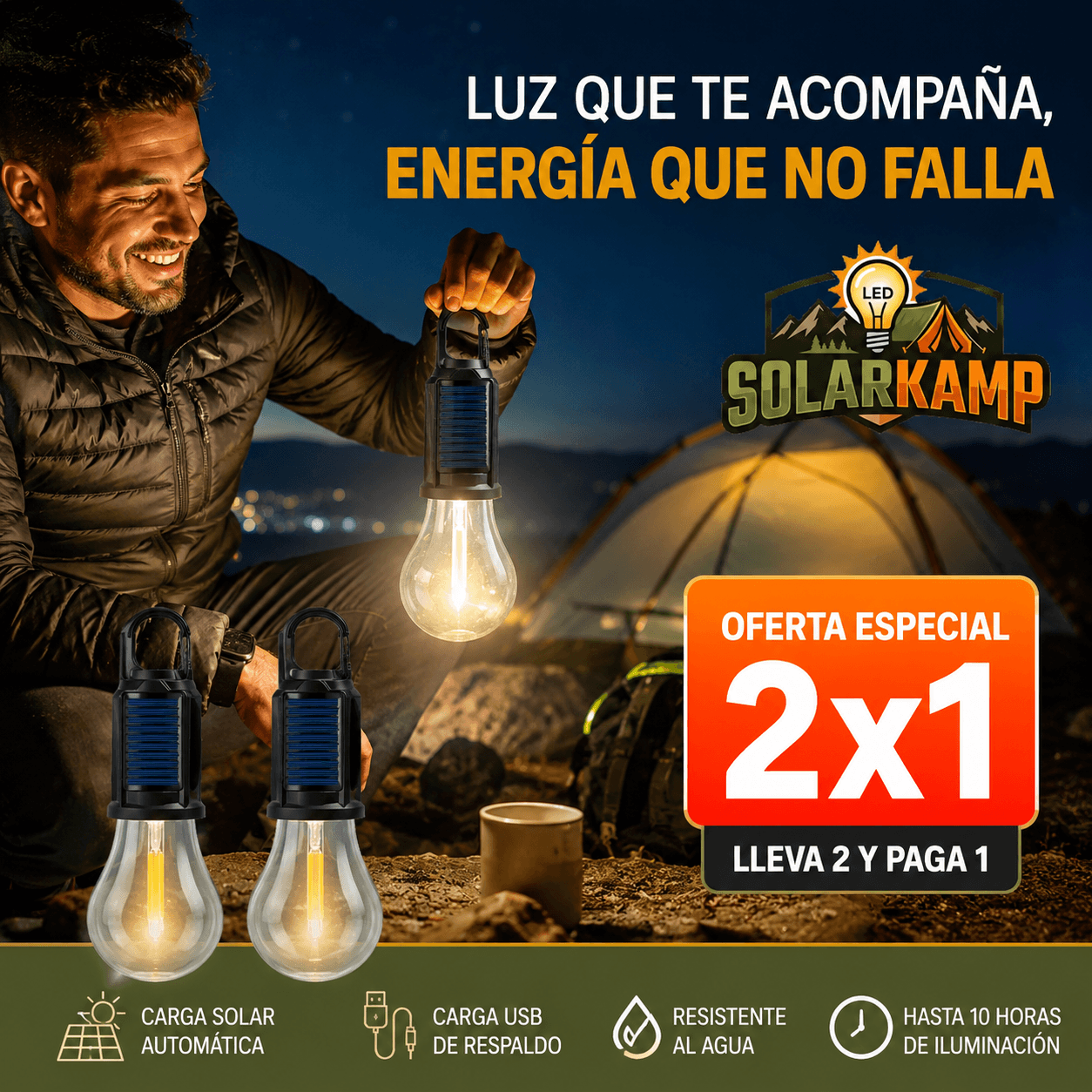 SOLARKAMP®: Sistema de carga dual solar y USB, gancho de colgado rápido y oferta 2x1.