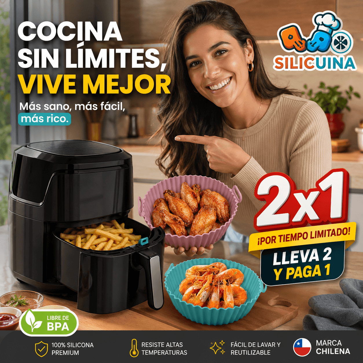 SILICUINA®: Lleva 2 kits de moldes de silicona por el precio de 1 y mantén tu freidora siempre limpia.