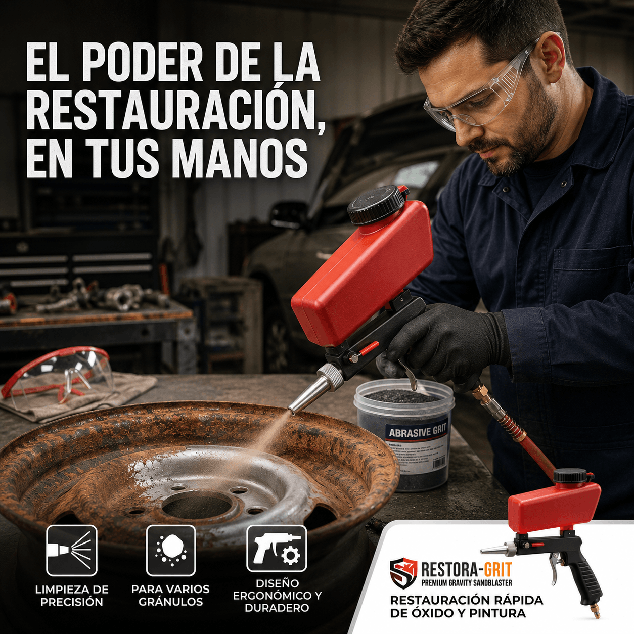 RESTORA-GRIT®: La pistola arenadora por gravedad que remueve el óxido y la pintura vieja sin esfuerzo.