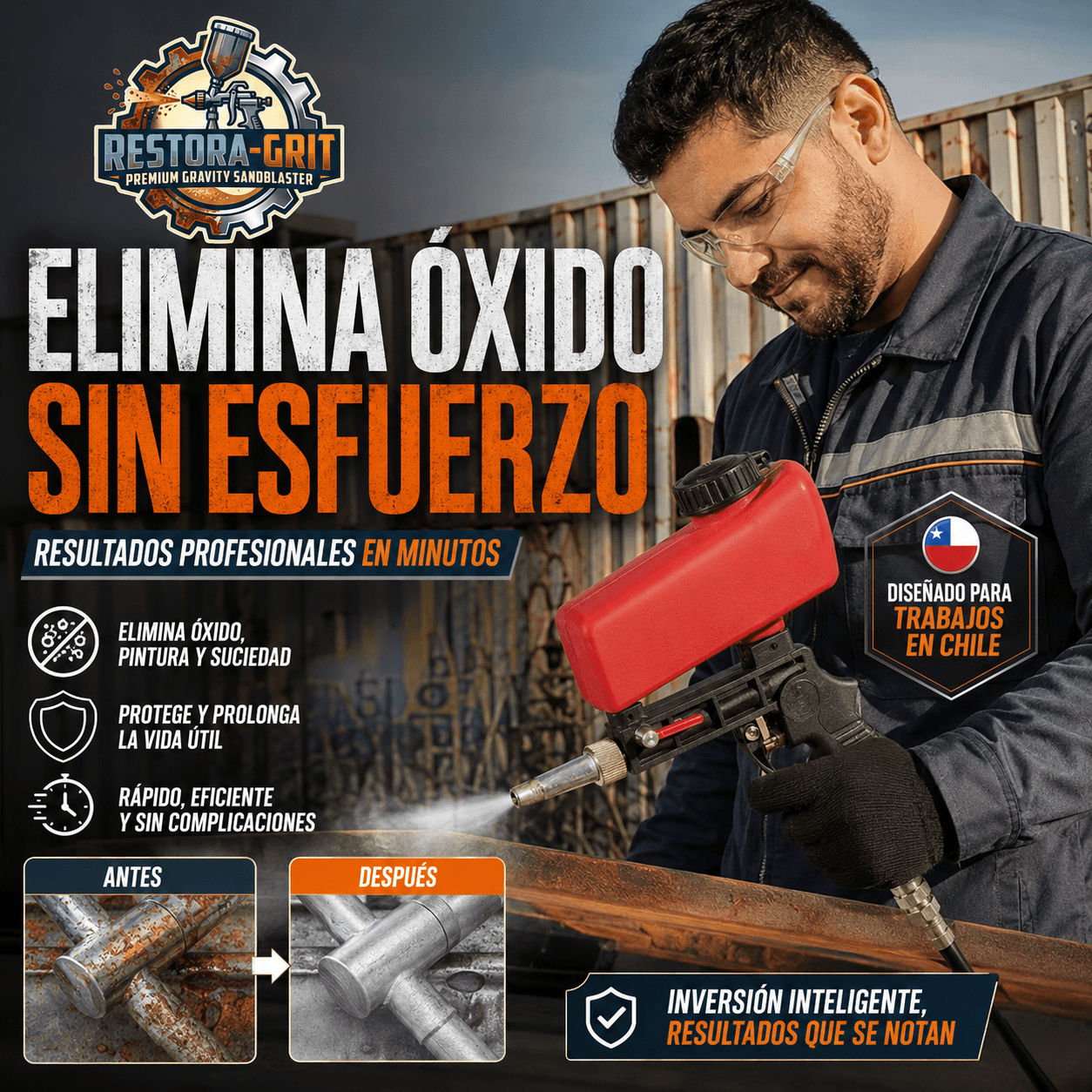 RESTORA-GRIT®: La pistola arenadora por gravedad que remueve el óxido y la pintura vieja sin esfuerzo.