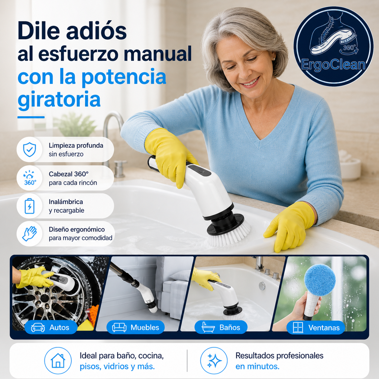 ERGOCLEAN®️: El cepillo eléctrico que limpia por ti sin dañar tu espalda.