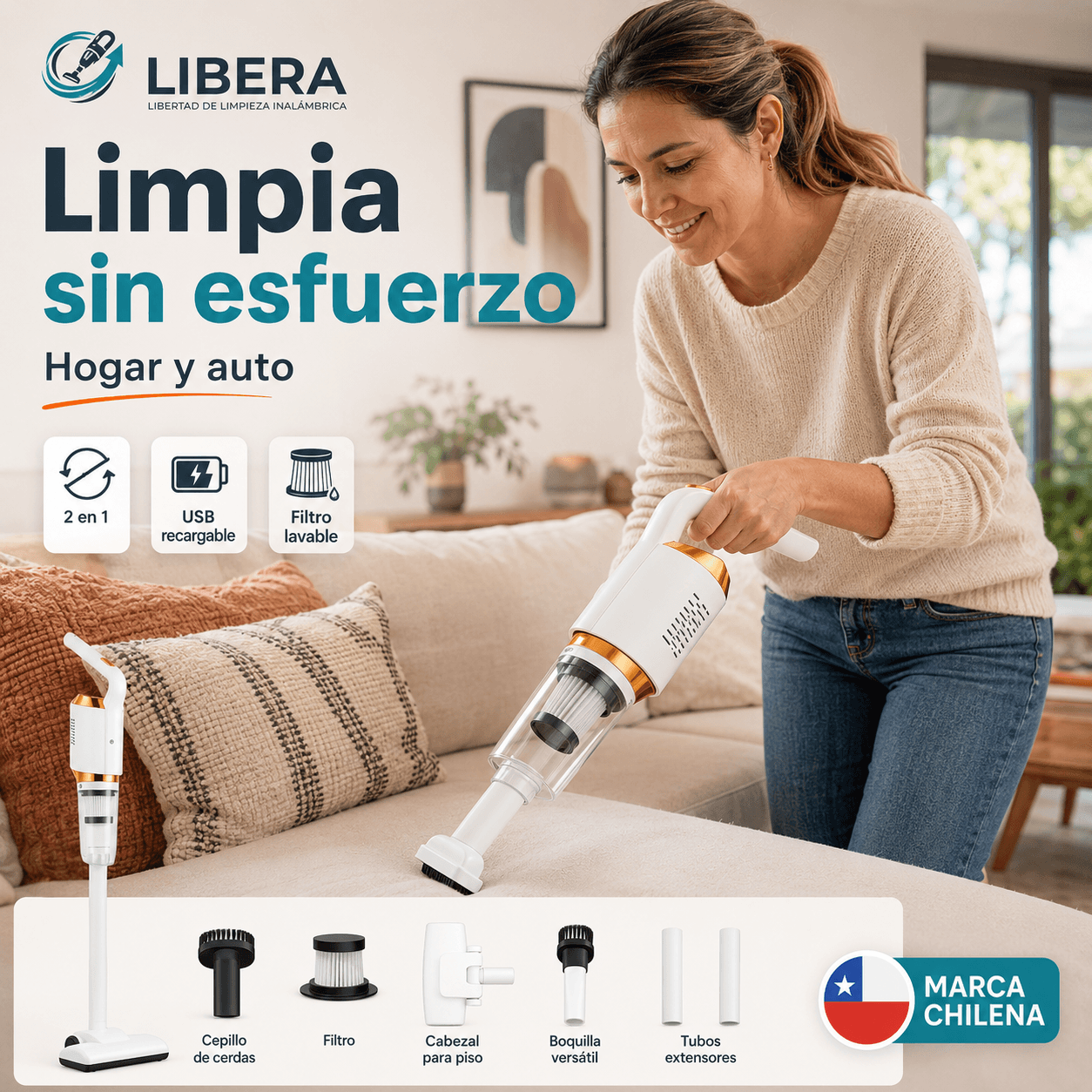 LIBERA®: La aspiradora inalámbrica recargable que limpia cada rincón de tu hogar al instante.
