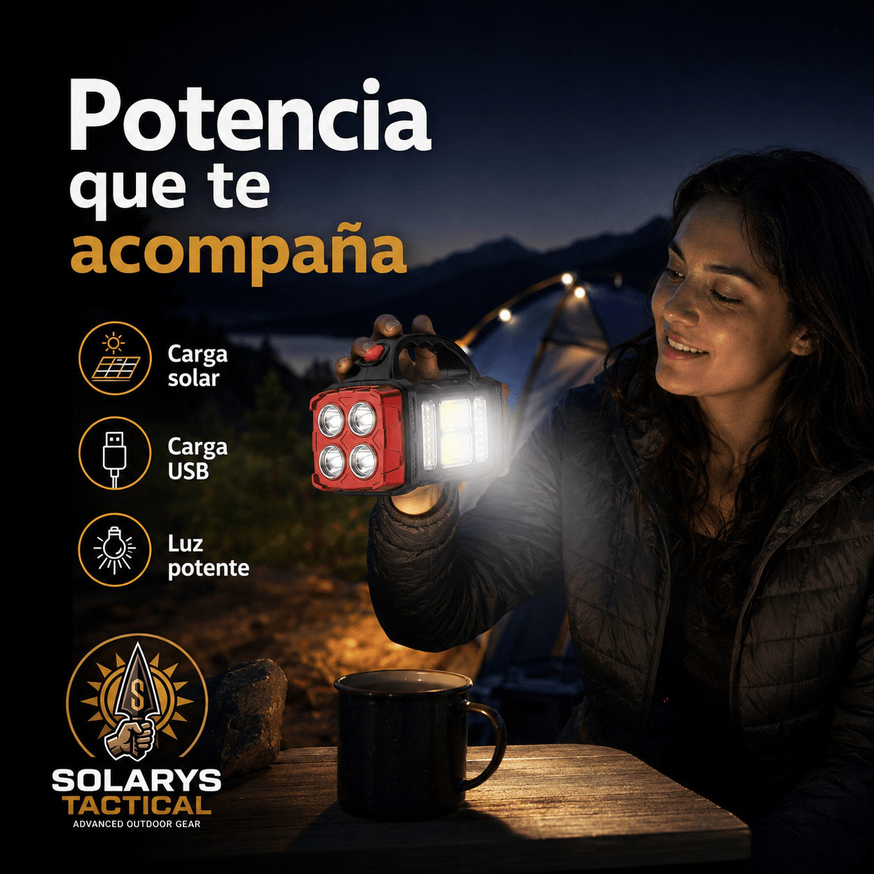 SOLARYS TACTICAL®: La linterna LED solar con powerbank que te ilumina al instante.