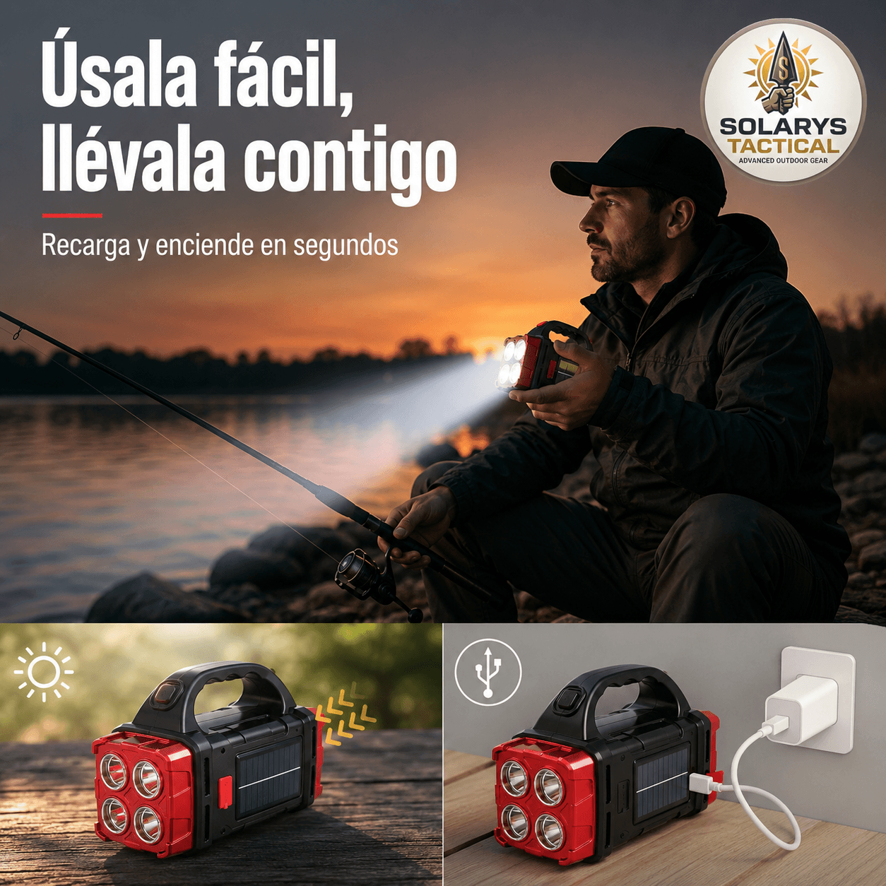 SOLARYS TACTICAL®: La linterna LED solar con powerbank que te ilumina al instante.