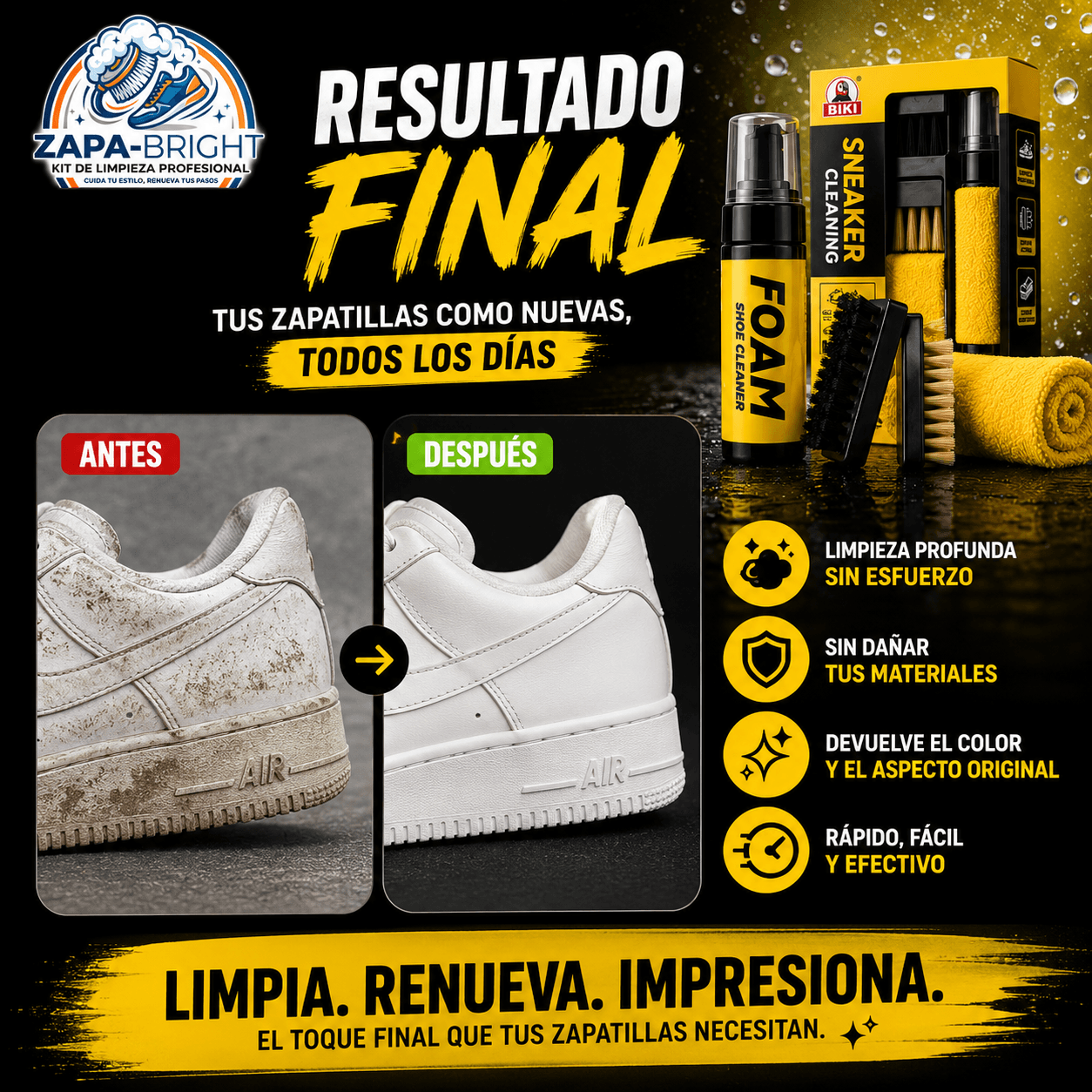 ZAPA-BRIGHT®: El kit de espuma activa y cepillo que mantiene tus zapatillas limpias y renovadas.