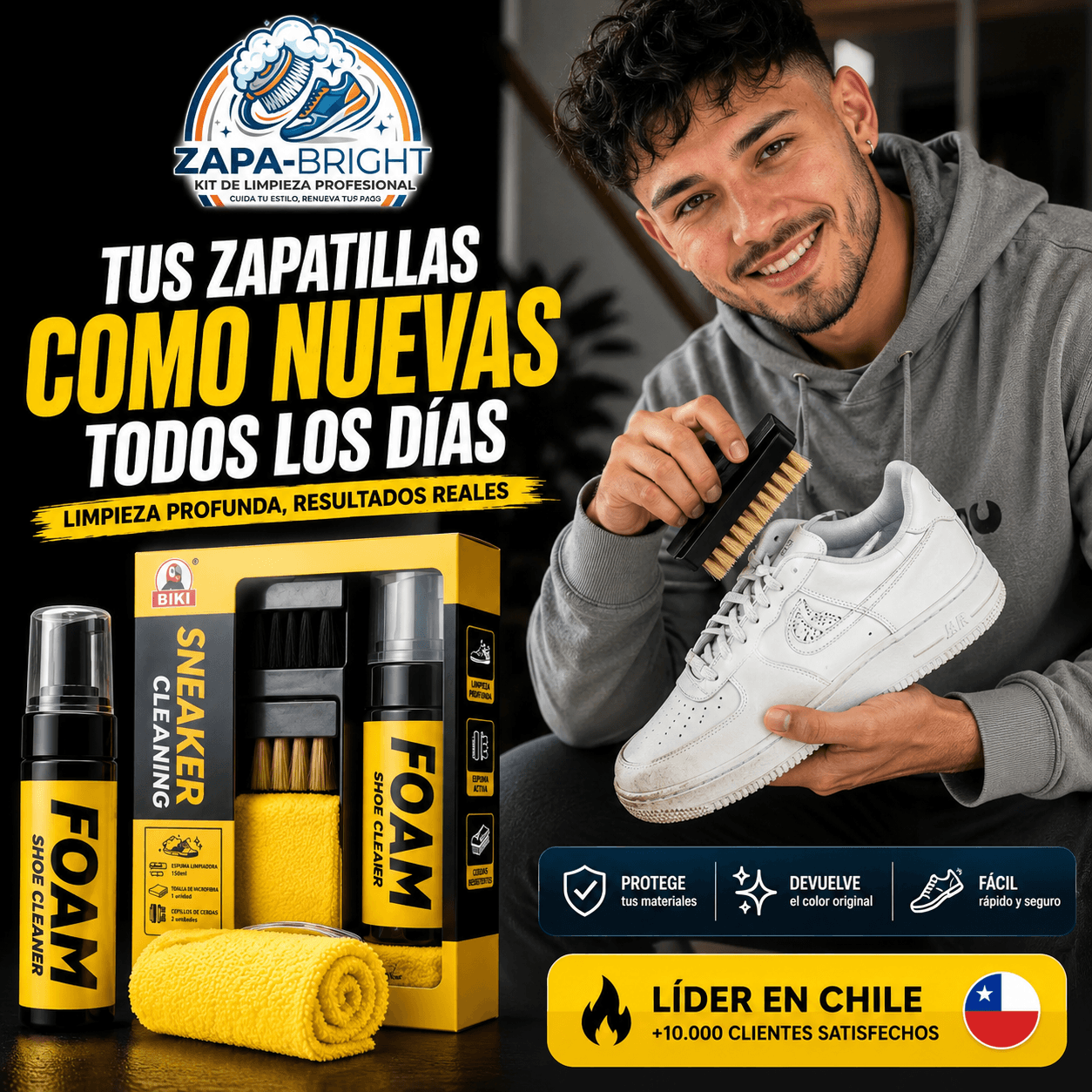 ZAPA-BRIGHT®: El kit de espuma activa y cepillo que mantiene tus zapatillas limpias y renovadas.
