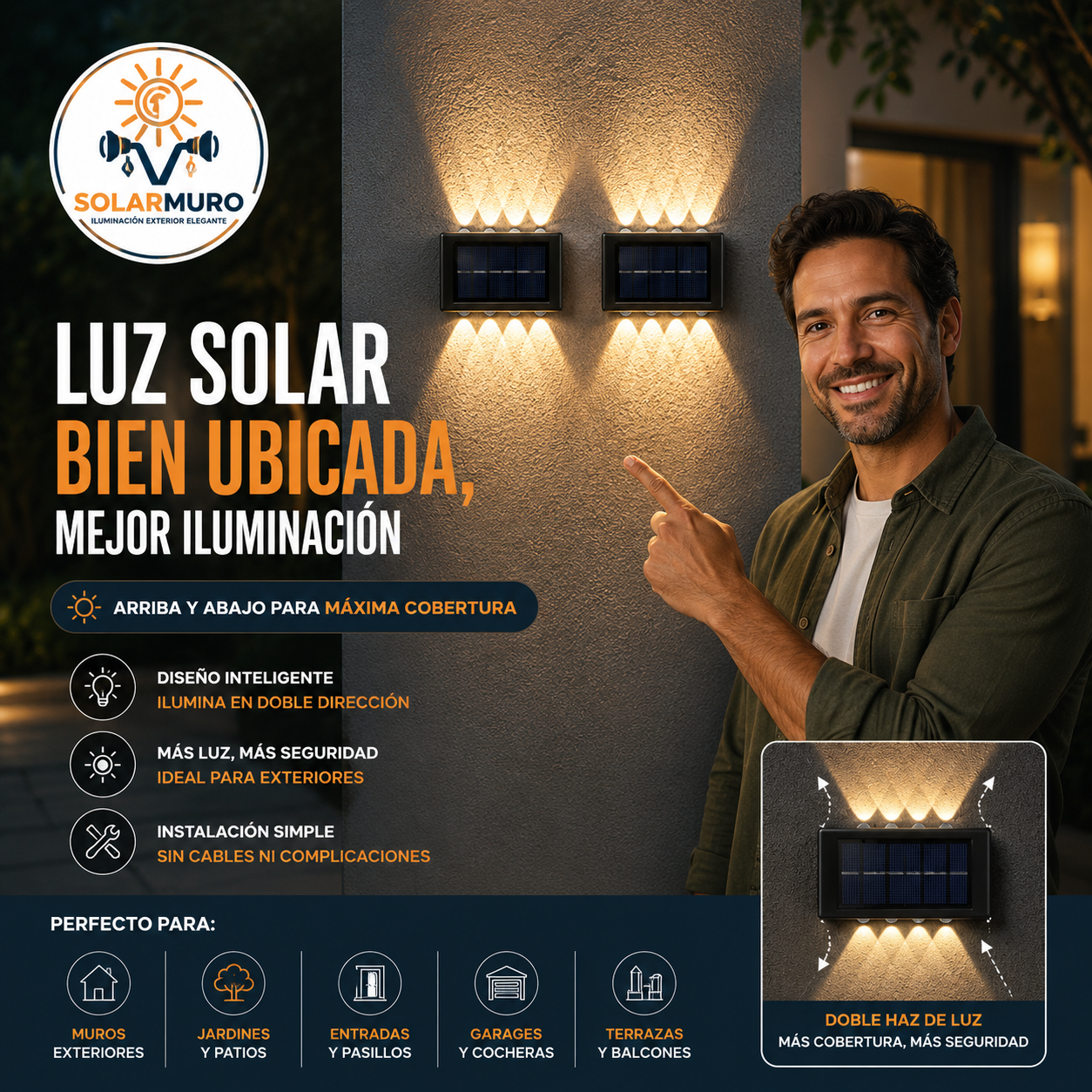 SOLARMURO®: El pack de 2 apliqués solares bidireccionales de 12 LED esenciales para tus muros exteriores.